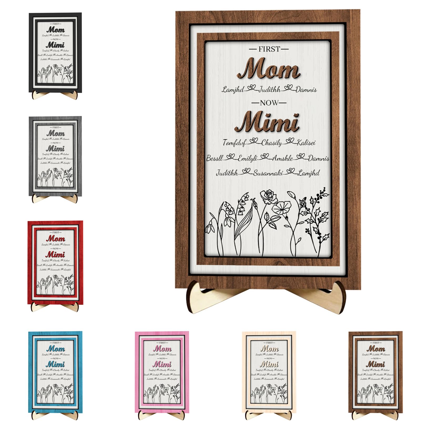 First Mom Now Grandma Mother's Day Sign Personalized Child's Name Birth Month Flower Wooden Plaque With Stand Custom 2 Layers Birth Month Flowers Board Birthday Mother's Day Decor Gift for Mama Nana