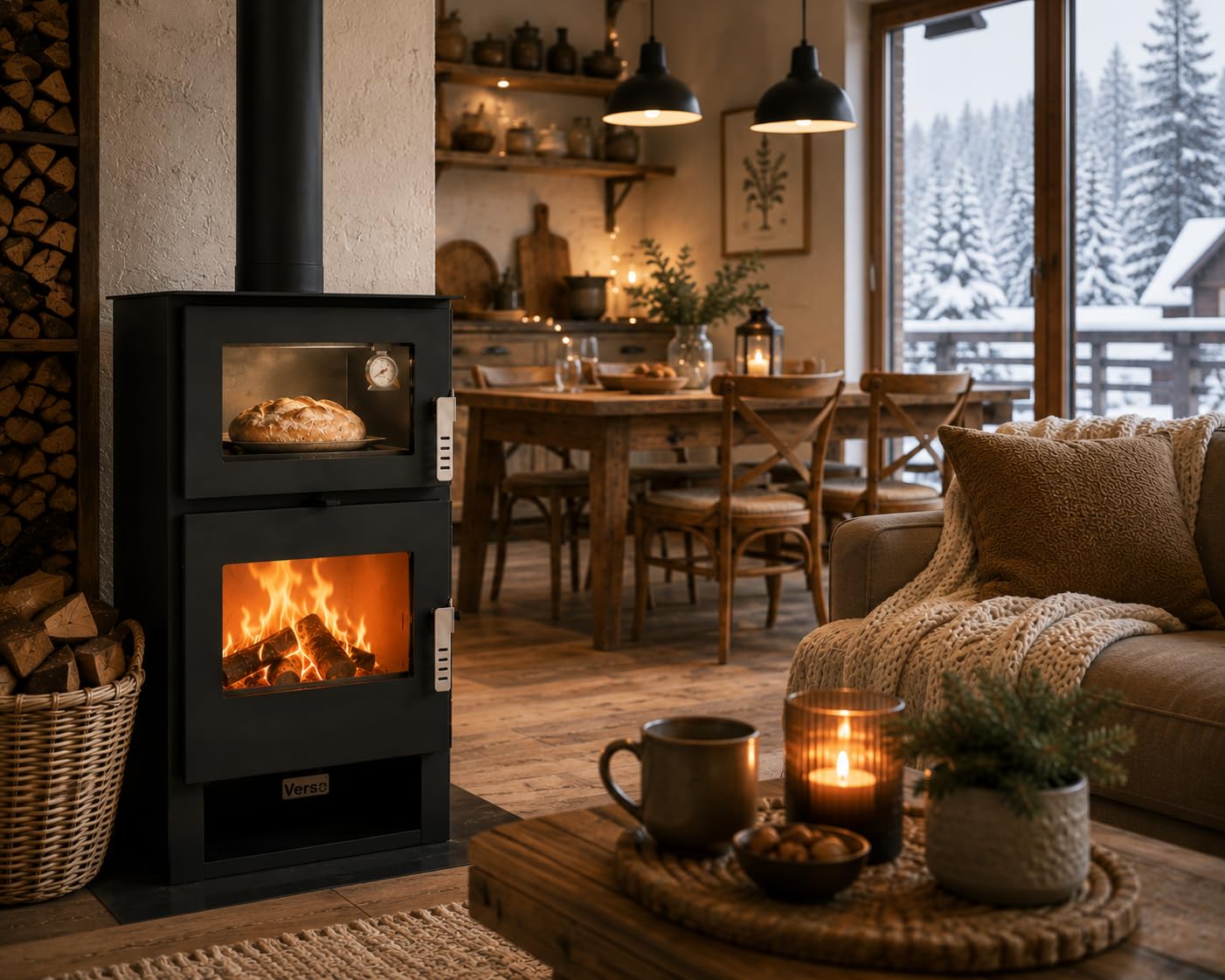 Verso F - Estufa de leña con estufa de acero inoxidable de 9 kW, 81,2% de alta eficiencia, chimenea de cocina y calefacción, horno de acero inoxidable con termómetro, placa superior de acero (sin