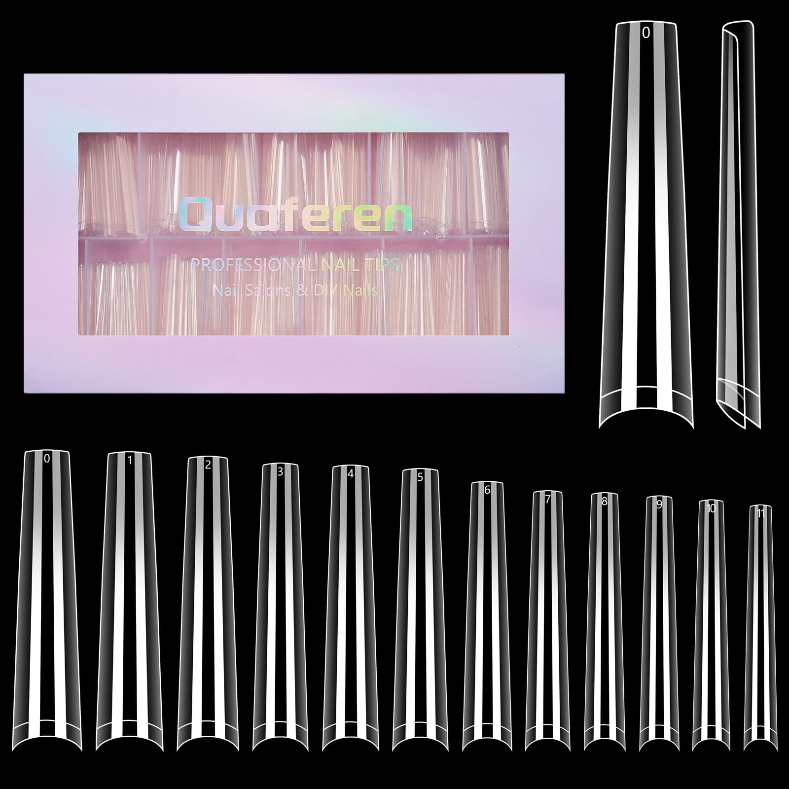 Quaferen 504Pcs Clear Coffin Nail Tips for Acrylic Nails Professional, XXXL Extra Long No C Curve Coffin Straight Acrylic Nail Tips, Half Cover No