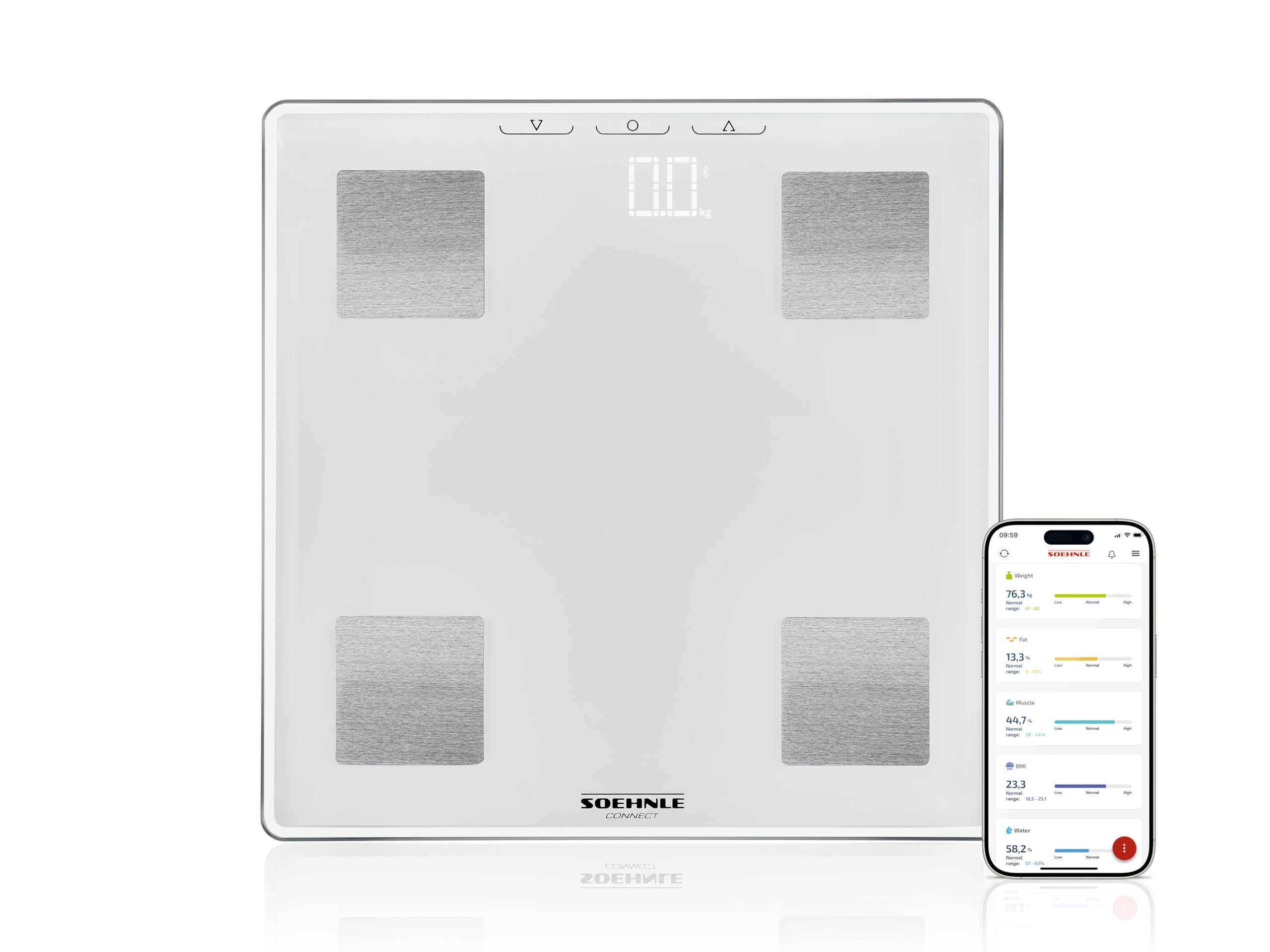 Soehnle Körperanalysewaage Shape Sense Connect Lite, Personenwaage mit App Anbindung, Körperanalyse Gewicht, Fett, Wasser- und Muskelanteil, Körperfettwaage mit LED Display, weiß