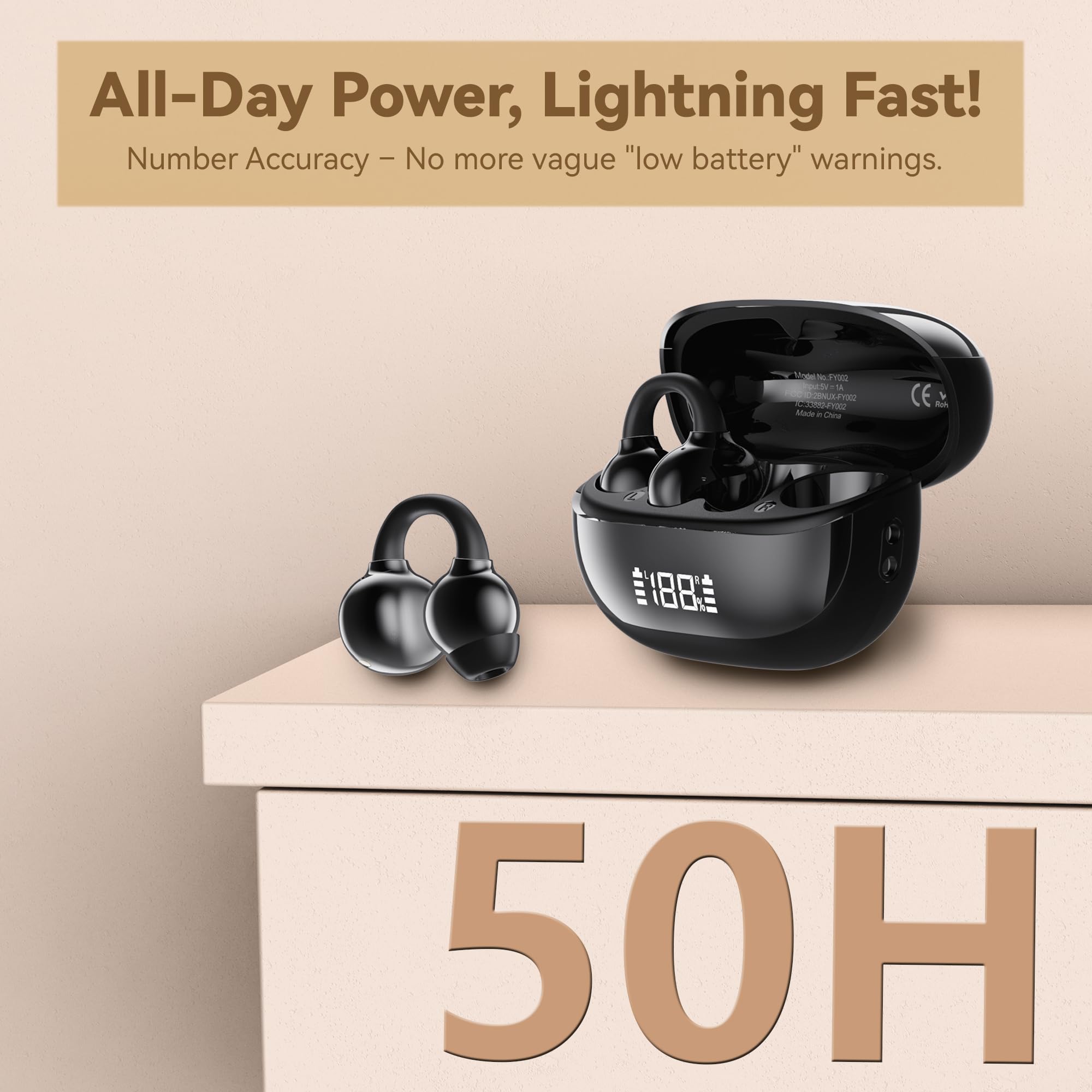 Auricolari wireless Bluetooth 6.0, con clip, con clip per orecchio aperto, 50 ore di autonomia, per allenamento sportivo, impermeabili, compatibili con iPhone e Android