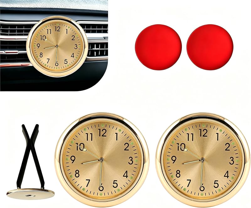 Mini Relógio Analógico Automotivo Luminoso Fiknonk com Clips de Ventilação – 2 unidades, Dourado