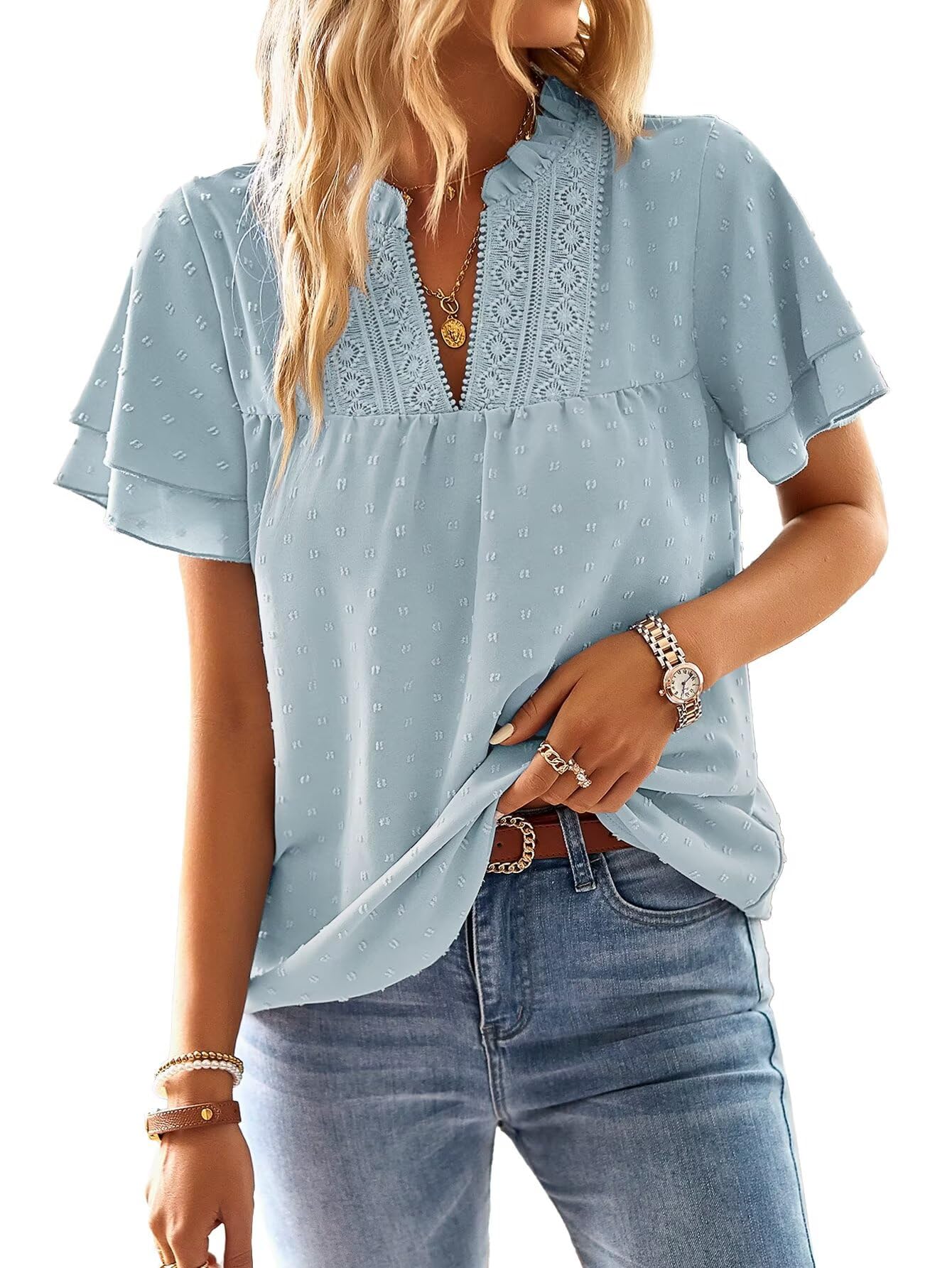 TUUHAW T Shirt Donna Elegante Manica Corta Magliette con Scollo a V Estiva Boho Camicia Casual Volant Abbigliamento Pizzo Top