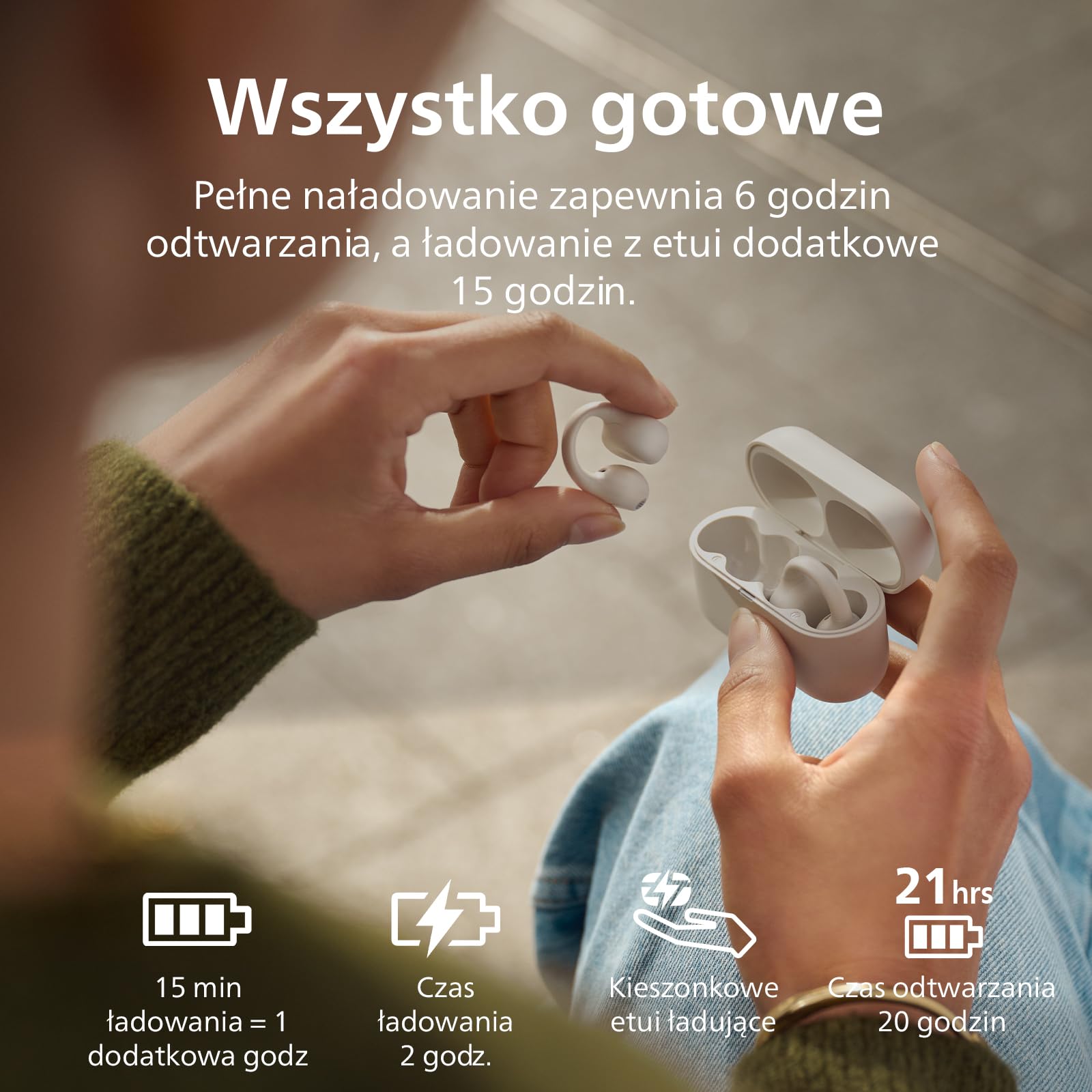Philips TAQ2000WT nauszniki, styl prawdziwe, bezprzewodowe, otwarte ucho, wielopunktowe słuchawki douszne, 28 godzin odtwarzania, kieszonkowe etui ładujące, wyraźne połączenia, idealne do dojazdów do