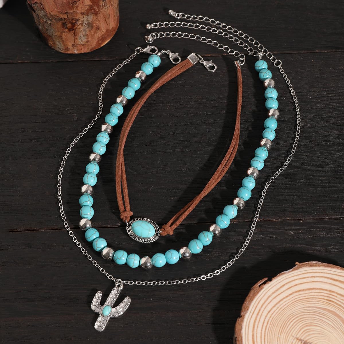 Todu 3PCS Boho Western Necklace for Women Turquoise Beaded Cactus Horseshoe Chunky Layered Stack Pendant Necklace Western Country Concert Jewelry for Cowgirl Cowboy - 5