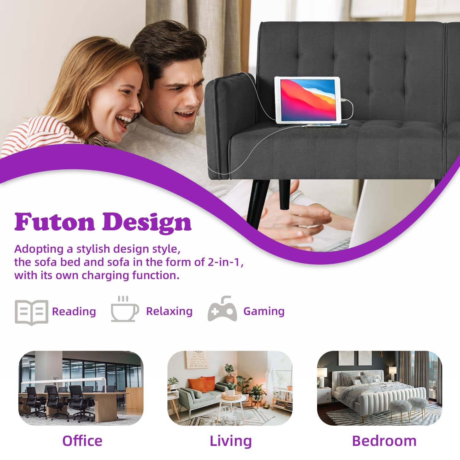 TYBOATLE 65" Modern Fabric Linen Upholstered Convertible 2 USB Ports ...