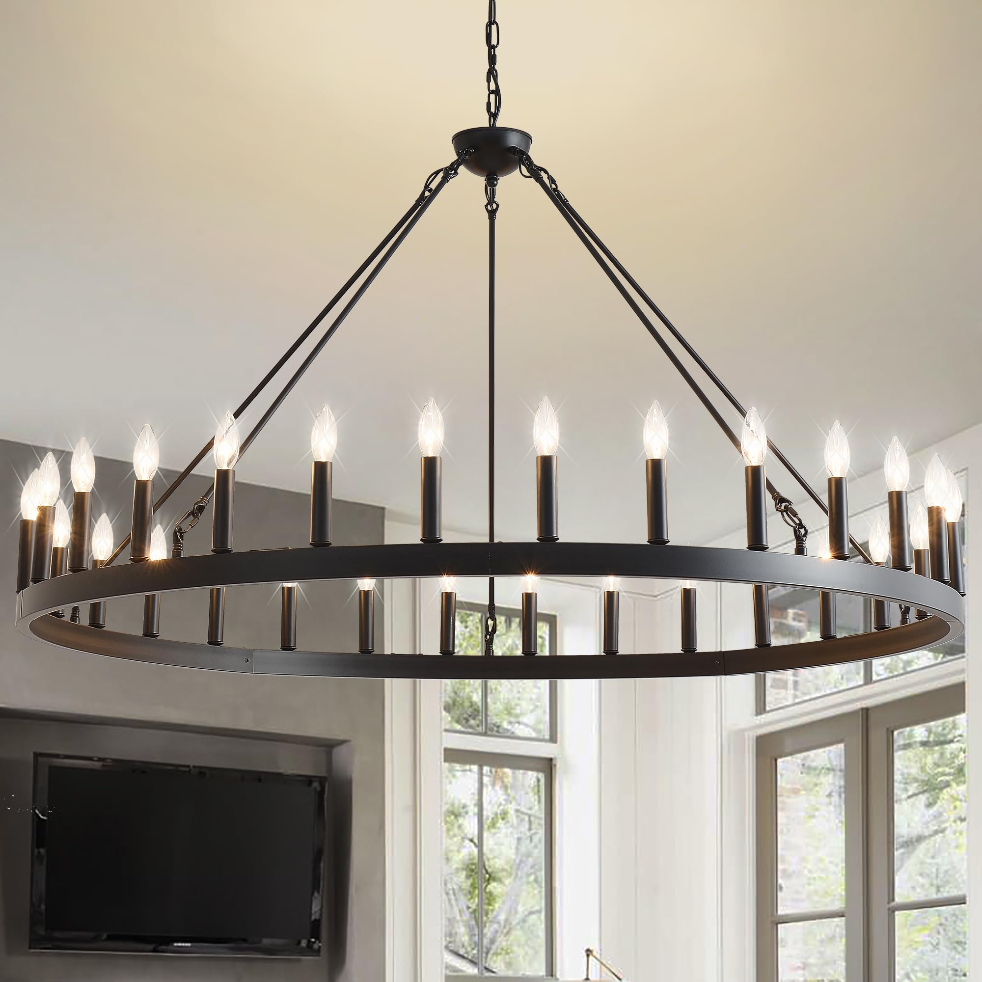 Photo 1 of 53 Inch Large Farmhouse Wagon Wheel Chandelier,Black 30-Light Rustic Round Hanging Light Fixture,Outdoor Wheel Chandelier for Porch High Ceilings Dining Room, Living Room, Entryway Black 53 Inch 30-Lights