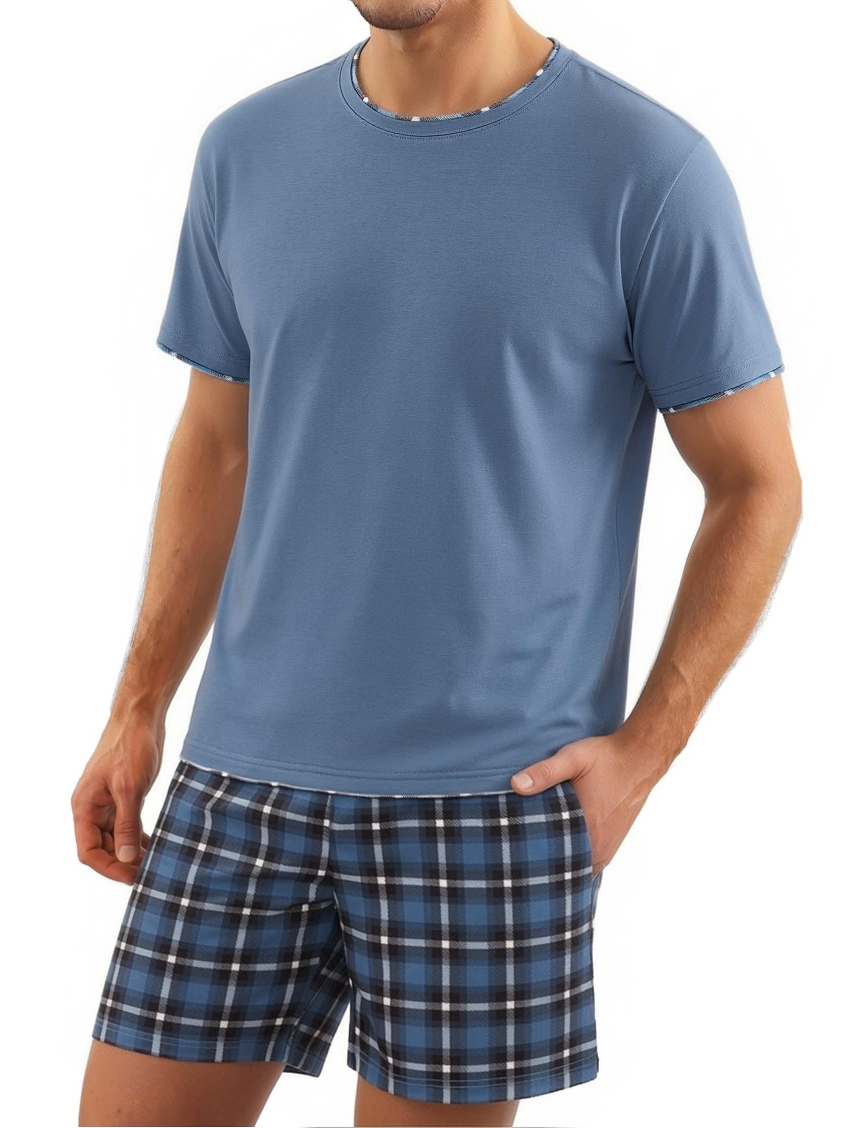 Litherday Schlafanzug Herren Kurz Pyjama Baumwolle Kurzarm Zweiteiliger Pyjama Set Nachtwäsche Kurzarm Oberteil und Karierte Schlafanzughose Hausanzug Sleepwear Weich und Hautfreundlich