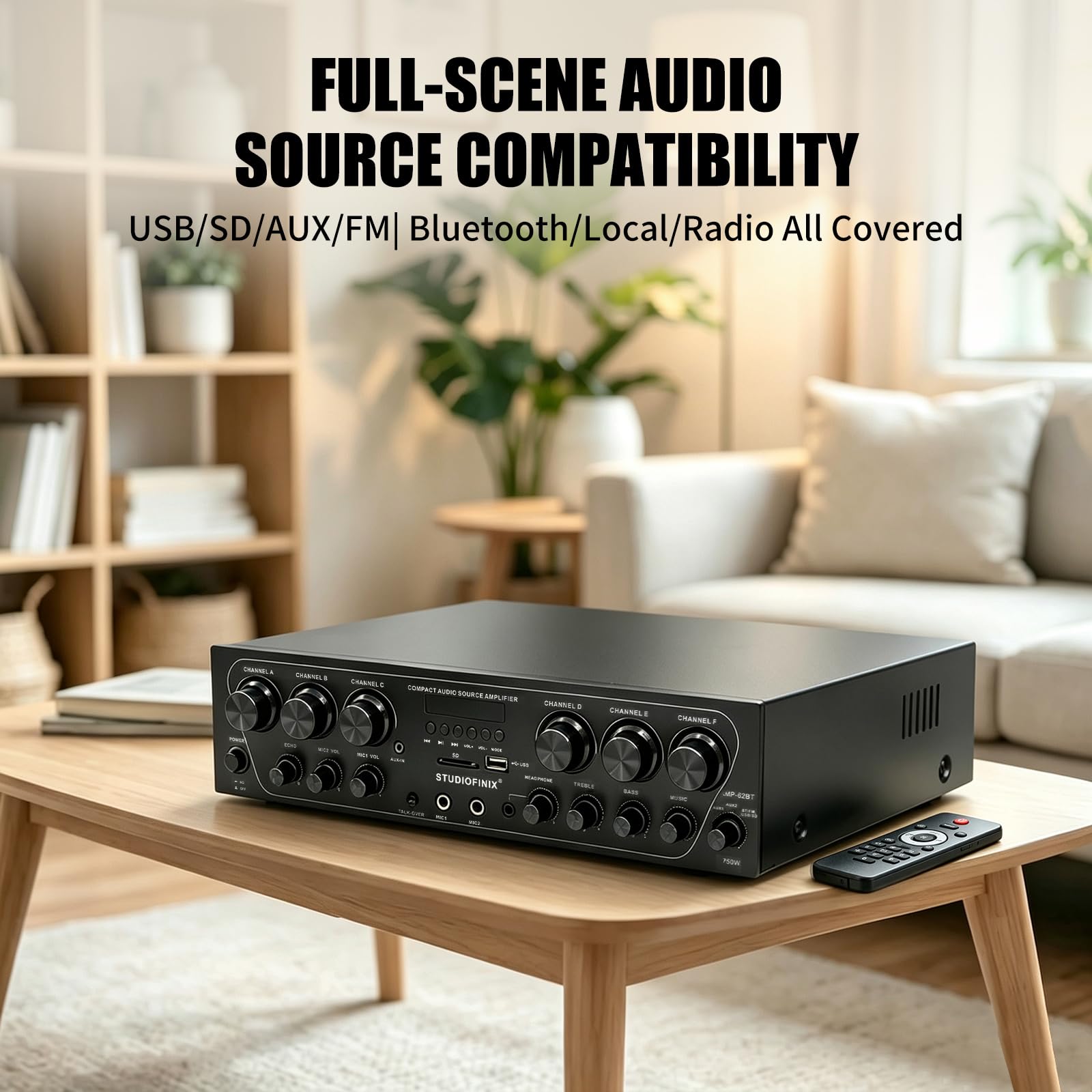 STUDIOFINIX Bluetooth 5.3 Heimverstärker-System, 6-Kanal 750W Peak Receiver mit FM-Radio, USB/SD, 2 Mikrofone mit Echo & Talkover, Doppel-AUX, Kopfhörer- und Subwooferausgang für Heimkino, Karaoke, PA