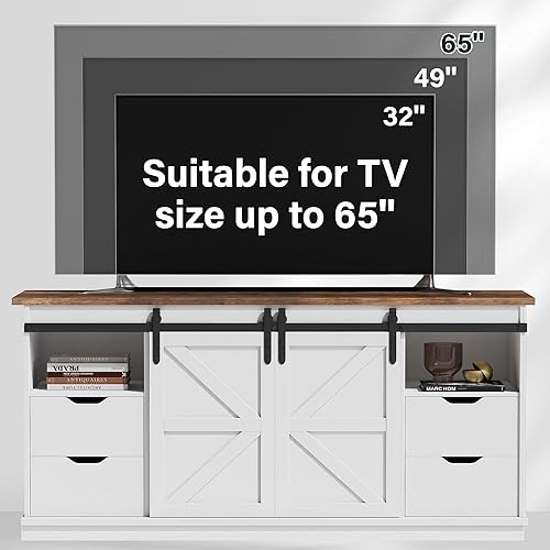 Vista 6 de JUMMICO Soporte de TV con 4 cajones para TV de 65 pulgadas, centro de entretenimiento de granja con almacenamiento y puertas corredizas de granero