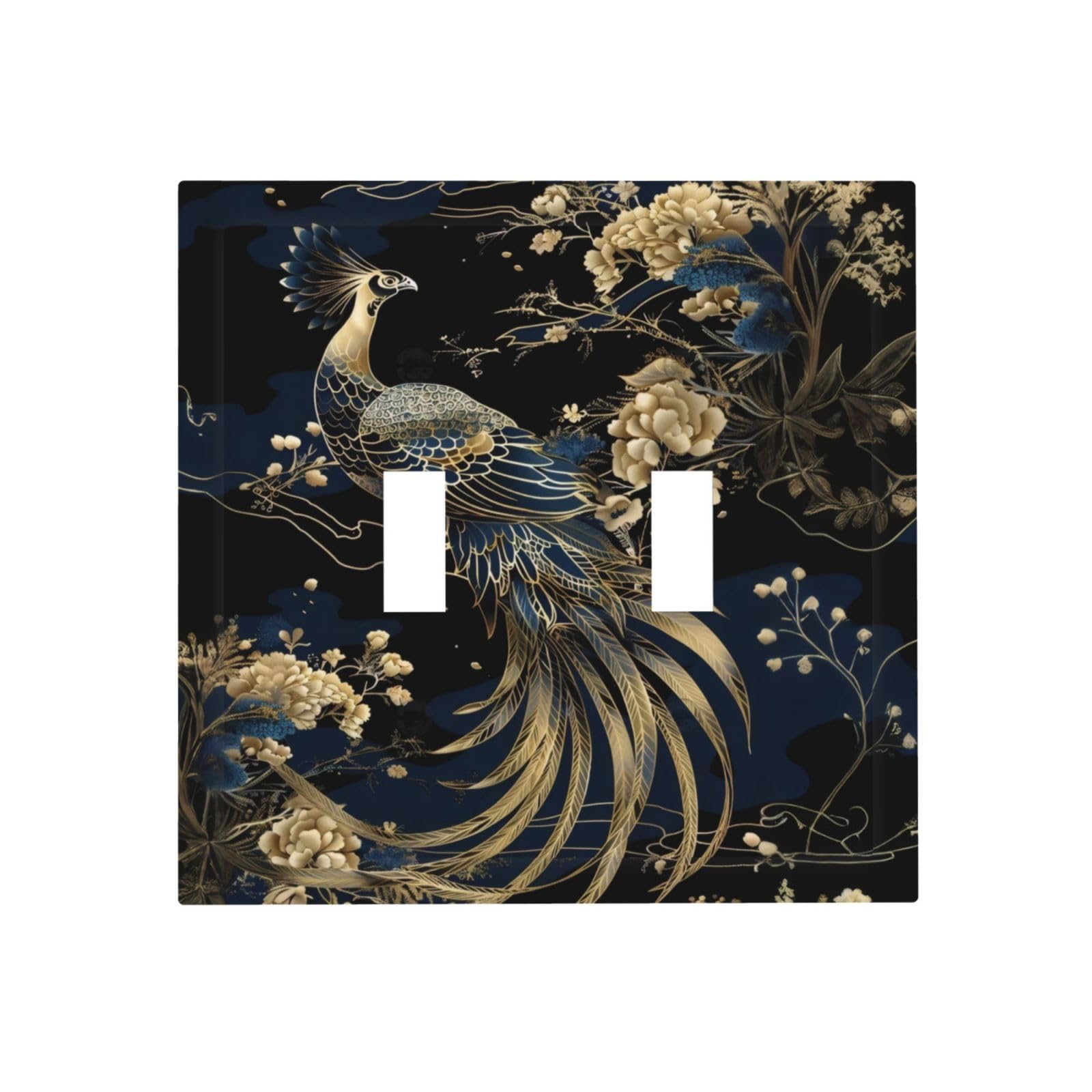 Thsanju Gold Peacock Golden Peony Flowers Plants Double Toggle Light Switch Covers Decorative 2 Gang Wall Plate Covers Dual Device Electrical