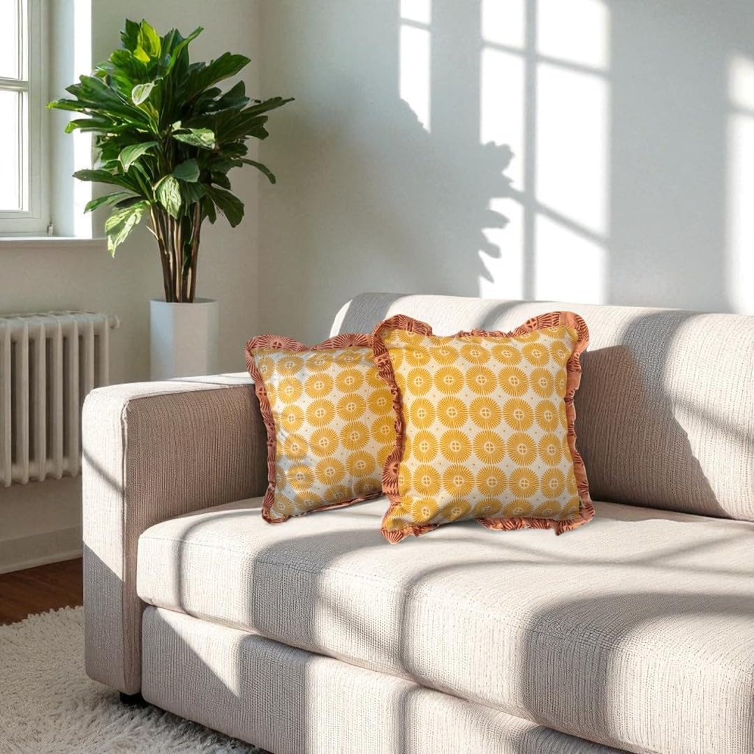 LUSHLYF Sundrop Ruffle Cushion Cover 18x18 Inch – Yellow Circular Print Cotton Pillow Cover with Ruffle Edge – Summer Boho Decorative Throw – Gift for Living Room & Bedroom Decor (Set of 2)-image-8