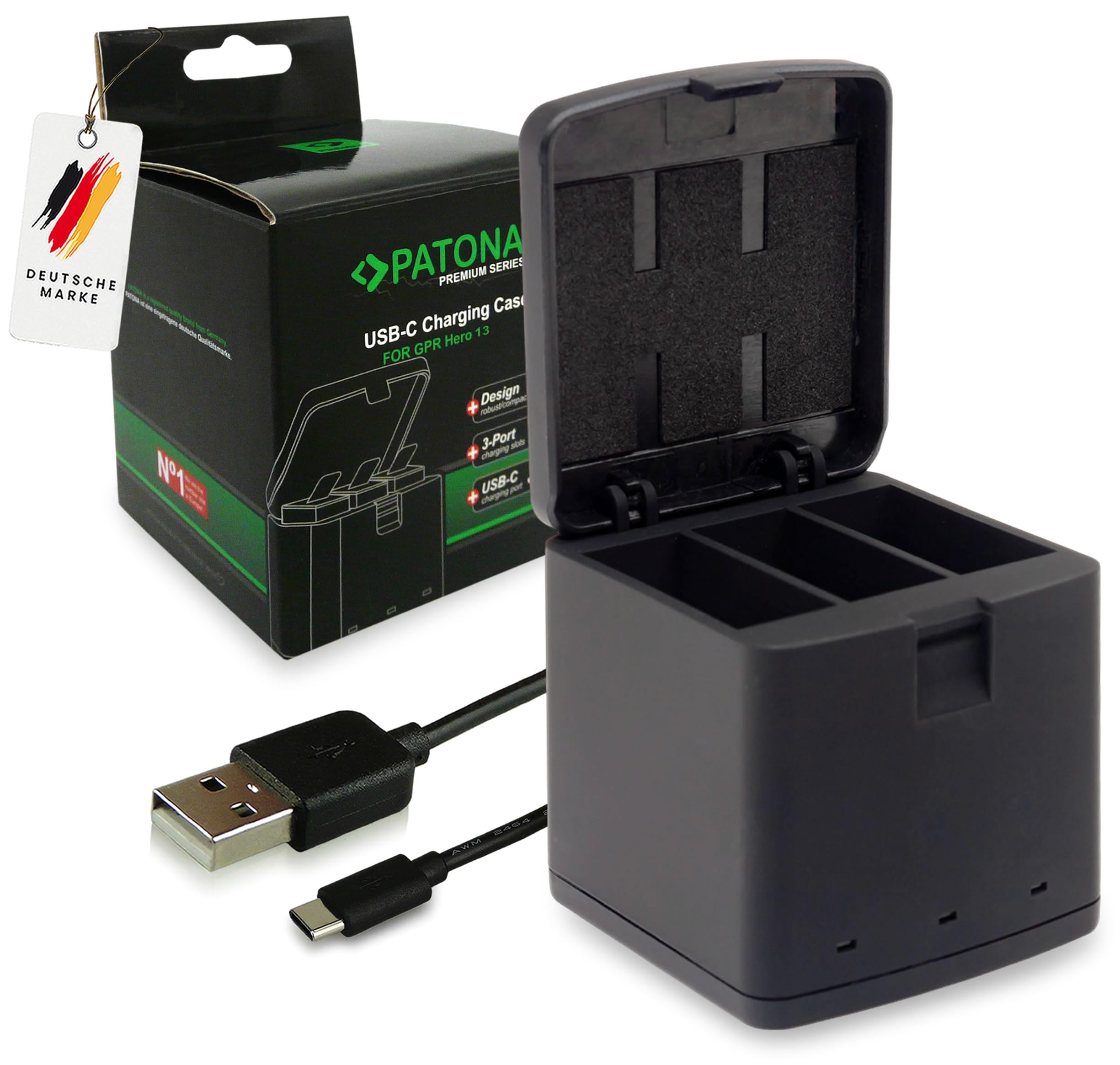 PATONA Premium Caricatore 3in1 Caricabatteria per GoPro Hero 13, AEBAT-201 | Ricarica Simultanea di 3 Batterie | Con Indicatore di Carica e Chiusura a Scatto | Compatto e Leggero | Cavo USB-C
