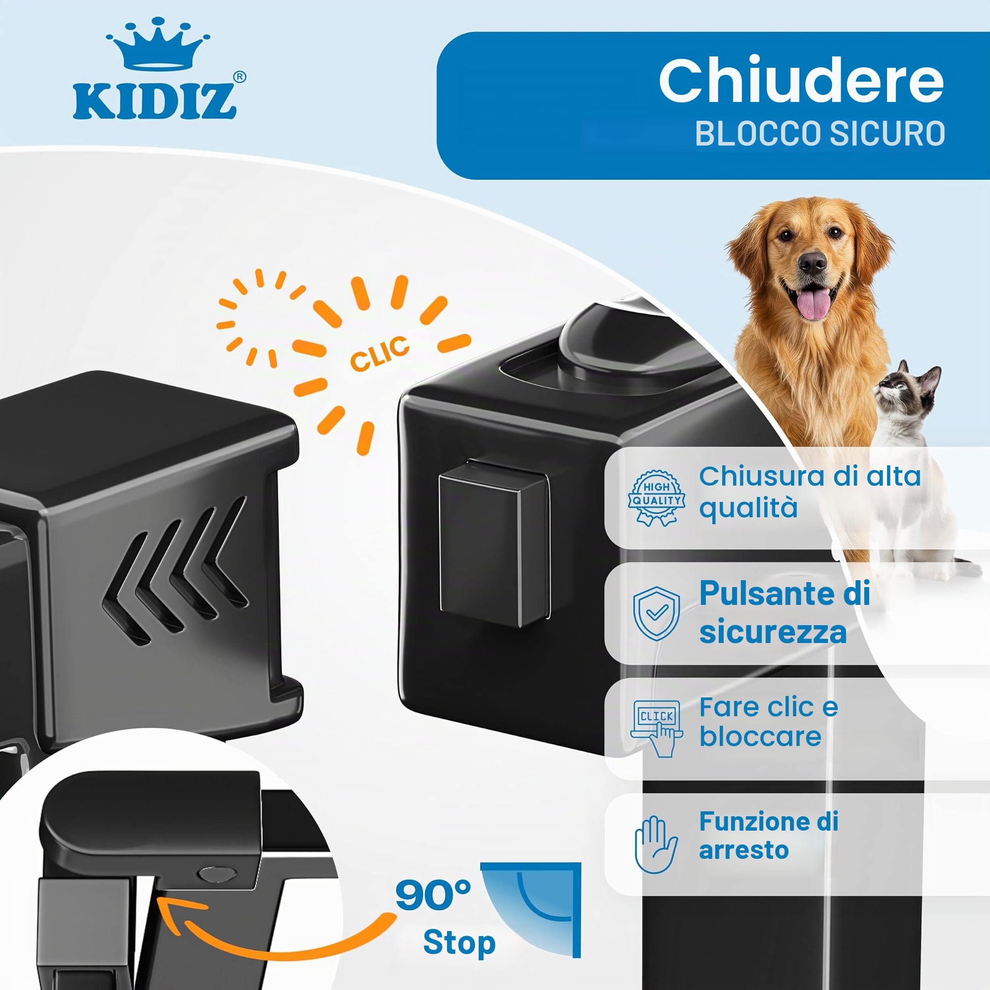 KIDIZ Autoclose - Griglia di protezione per scale, con morsetto, senza foratura, protezione di arresto a 90°, orientabile, nera, larghezza: 102-108 cm