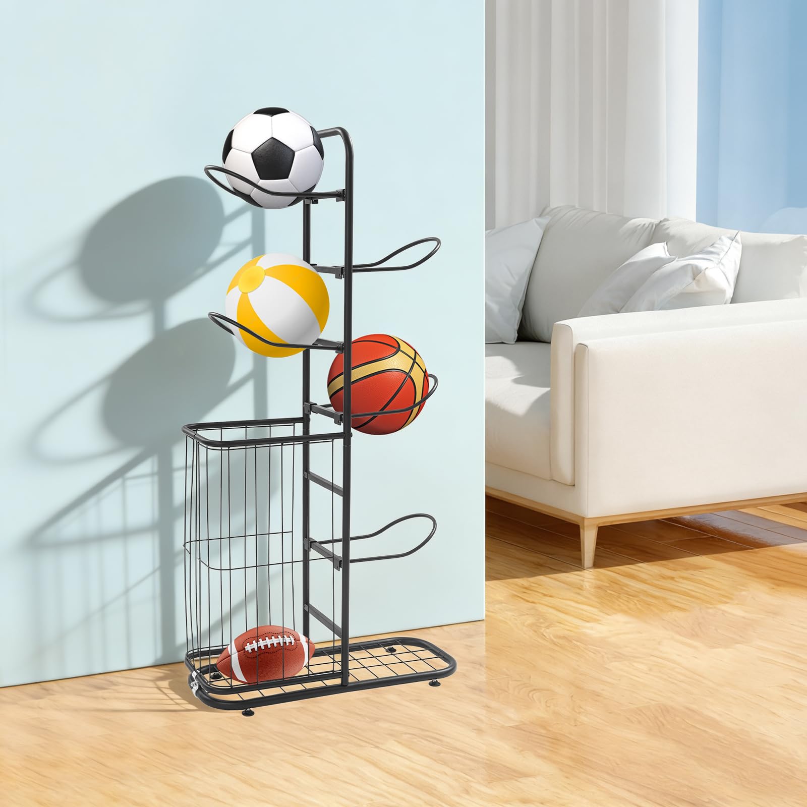 Soporte de globo de 5 niveles, soporte de almacenamiento para globos, armario de almacenamiento de metal para baloncesto, voleibol, estante deportivo independiente, blanco negro, sala de casa, garaje