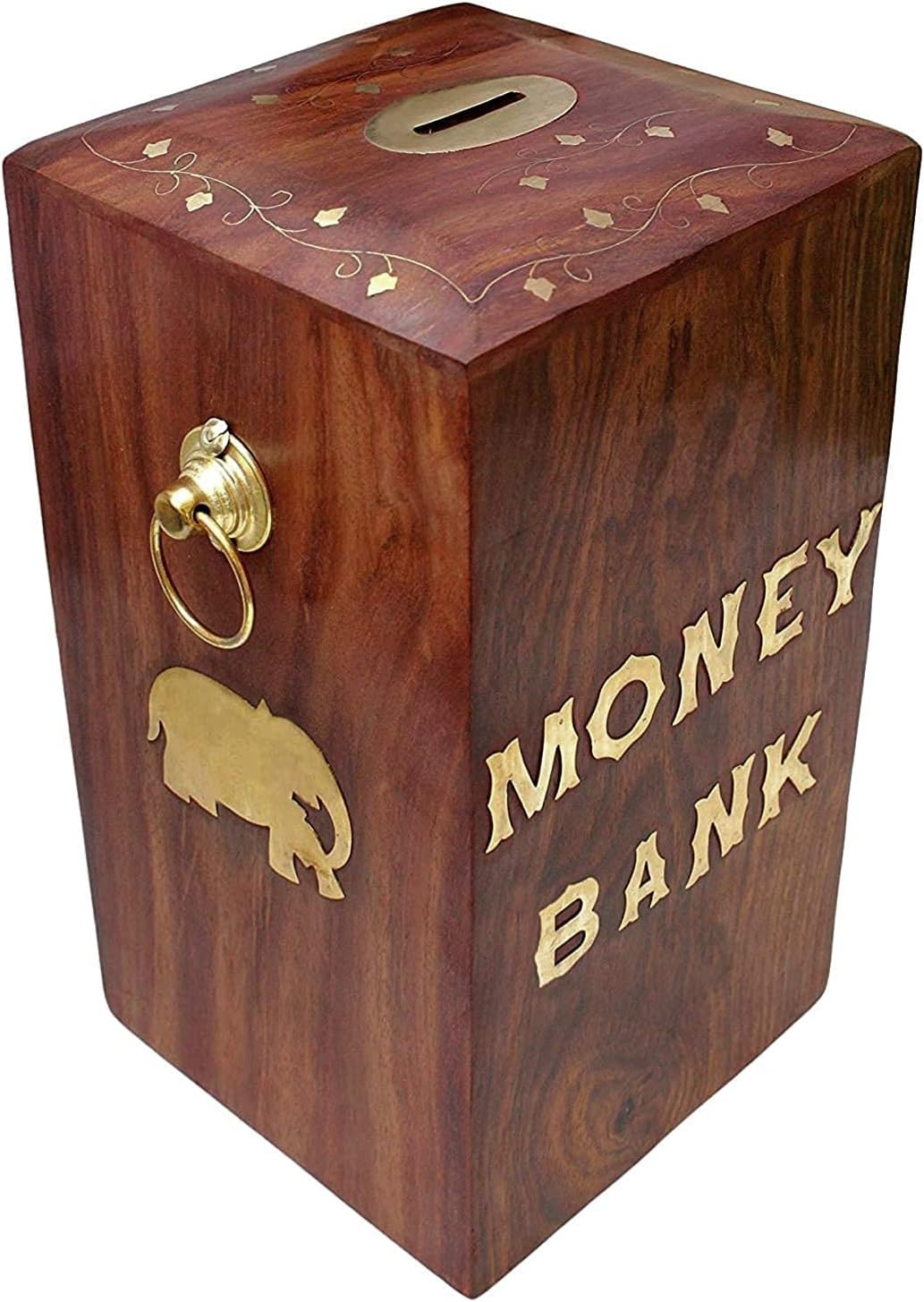PARK CITY Wooden Money Bank - Big Size with Fishes and Elephant Brass Design, Large Piggy Bank 8.5 x 5 inch for Kids and Adults (Brown)