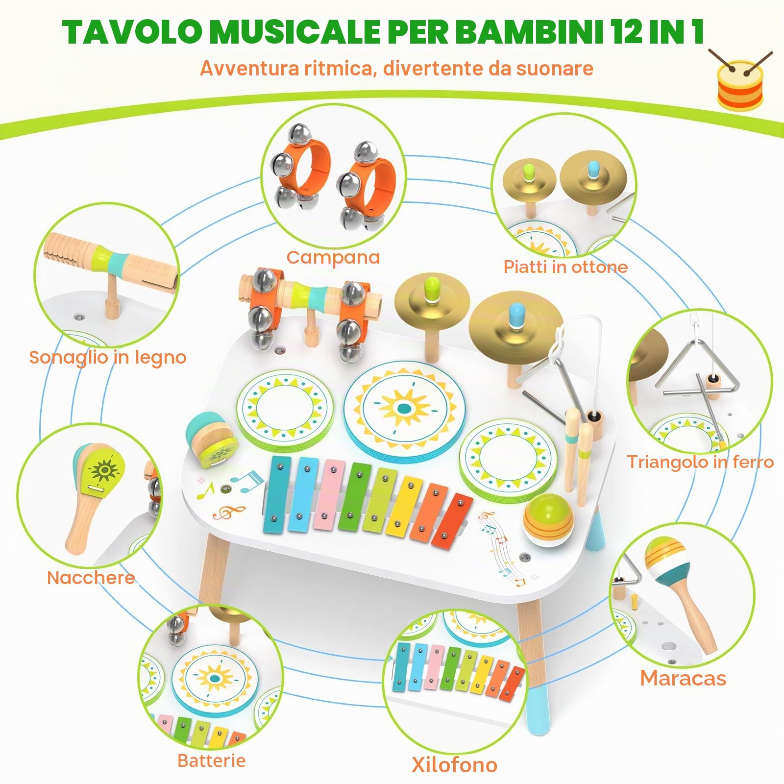 Batteria 12‑in‑1 Bambini 1‑3 Anni, Tavolo Strumenti Musicali Bambino, Giocattoli Legno Montessori con Xilofono, Bonghi, Piatto, Maracas & Campanelli da Polso, Regalo Bambino Bambina Bambina 1 2 3 Anni