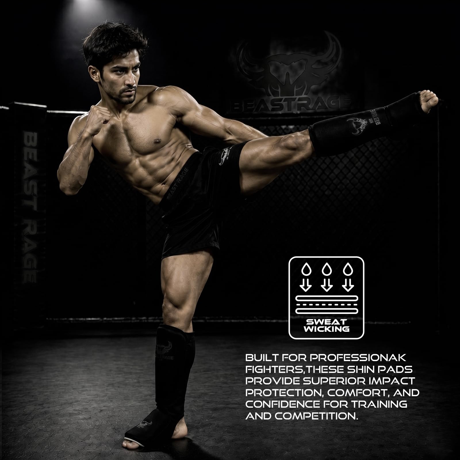 BEAST RAGE Schienbeinschoner Kickboxen Schienbeinschützer Thaiboxen & Muay Thai – MMA Schienbein Spannschützer, gepolsterte Beinschützer für Sparring, Boxen, Karate, Taekwondo, BJJ