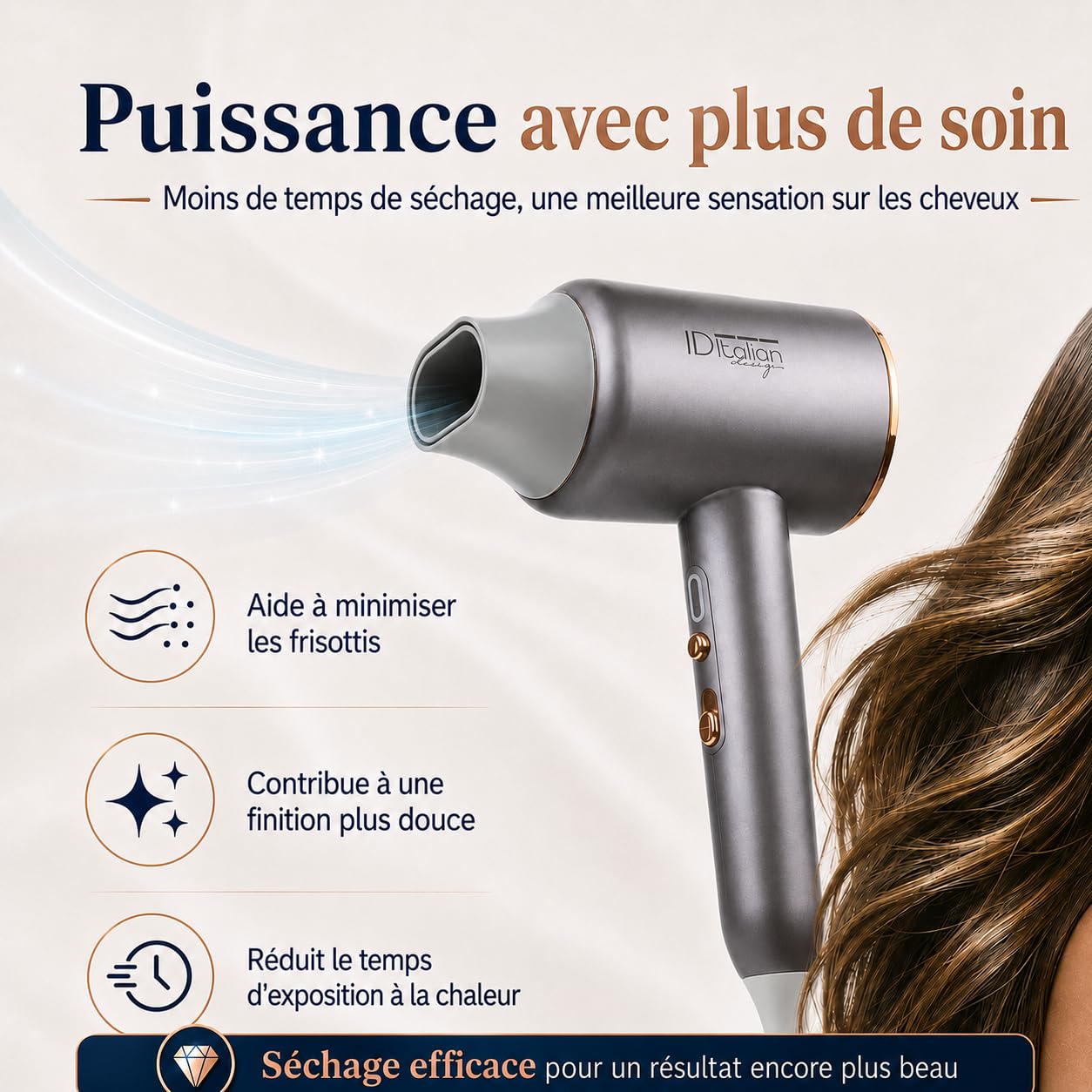 ID Italian Design – Sèche-cheveux Ionique Professionnel Cyclone Blue Ionic Power – Sèche-cheveux 2200 W, 3 Niveaux de Chaleur, Bouton Air Froid, 3 Vitesses et Fonction Ionique