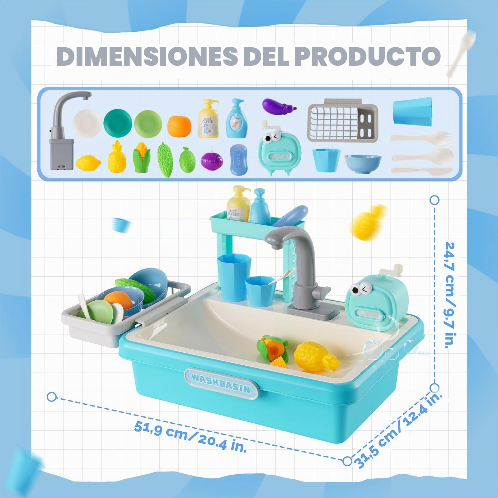 Fregadero Juguete con Agua, cozinha de brincar, máquina de Burbujas, Verduras de plástico extraíbles, Lavabo Infantil de 25 Piezas para niños y niñas (Azul)