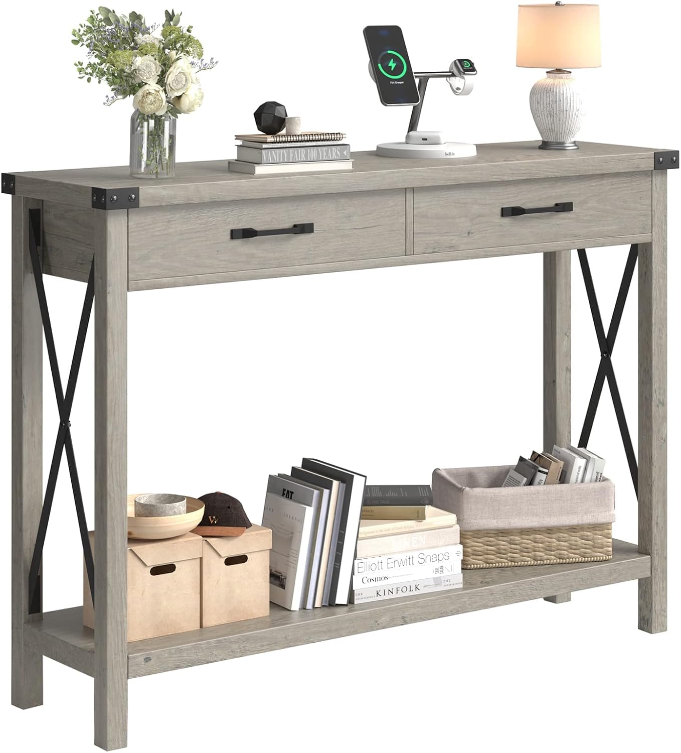 Mesa Consola Recibidor, Mueble de Entrada Estrecha con 2 Cajones,4 Cantoneras de Metal, Diseño único en Forma de X,109 x 30.5X 76 cm, Consola para la Entrada, el Salón, el Pasillo (Gris)