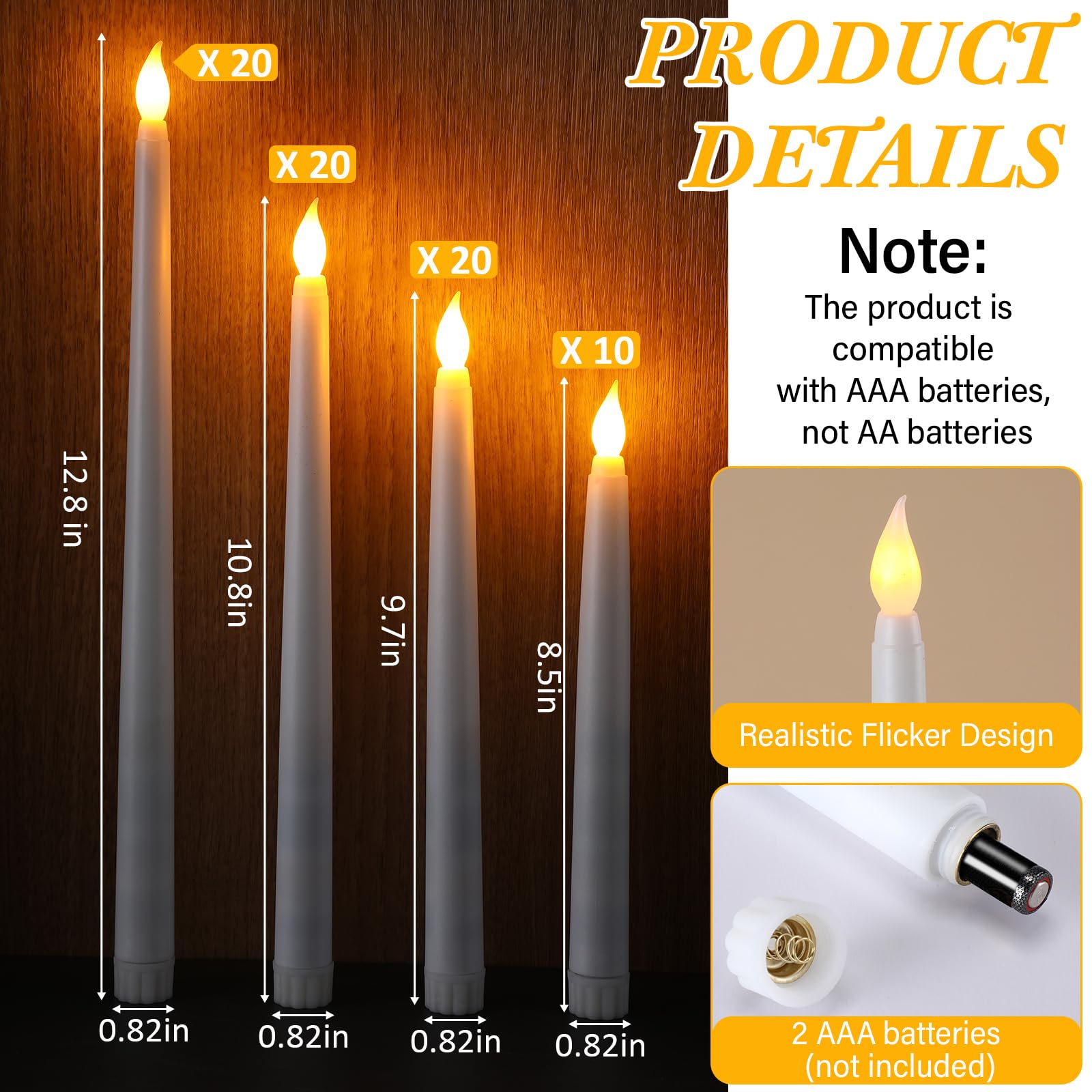Tuanse Lot de 80 bougies coniques LED sans flamme à piles Blanc | 4 hauteurs 32,8/27,9/21,6 cm, flamme vacillante, pour Noël, mariage, église, fête, bougies coniques alimentées par piles
