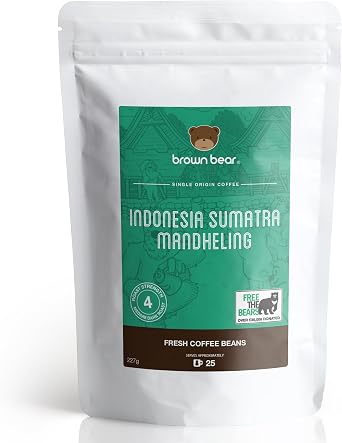 Indonesian Medium Dark Roast Strong Coffee Beans 227g   Brown Bear Indonesia Sumatra Mandheling   Strength 4   For All Espresso Coffee Machines   Donation to Free The Bears
