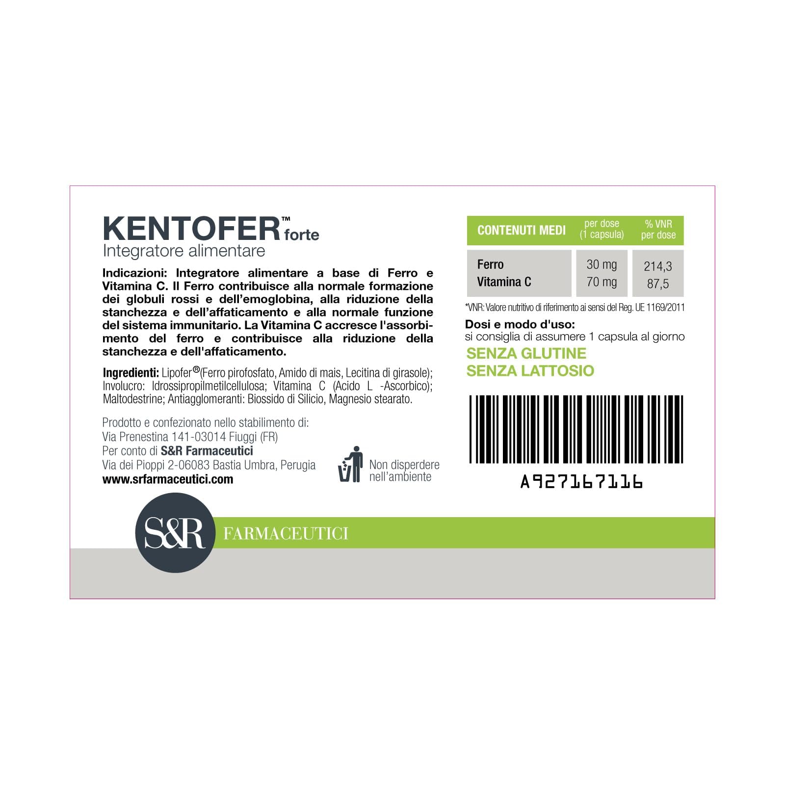 S&R Farmaceutici | KENTOFER Forte - Integratore alimentare a base di Ferro, utile supporto in caso di carenza di Ferro e di Anemia Sideropenica, 20 capsule da 568 mg