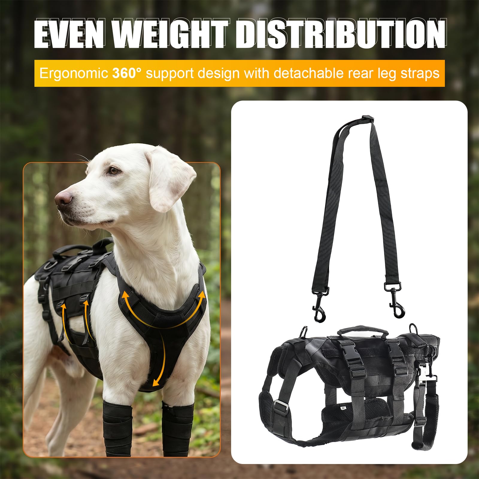 Arnés para Perros, Ajustable con 3 Asas, Ayuda para pasear a Perros, arnés para adiestramiento, Paseos y Actividades al Aire Libre, Negro, Talla M