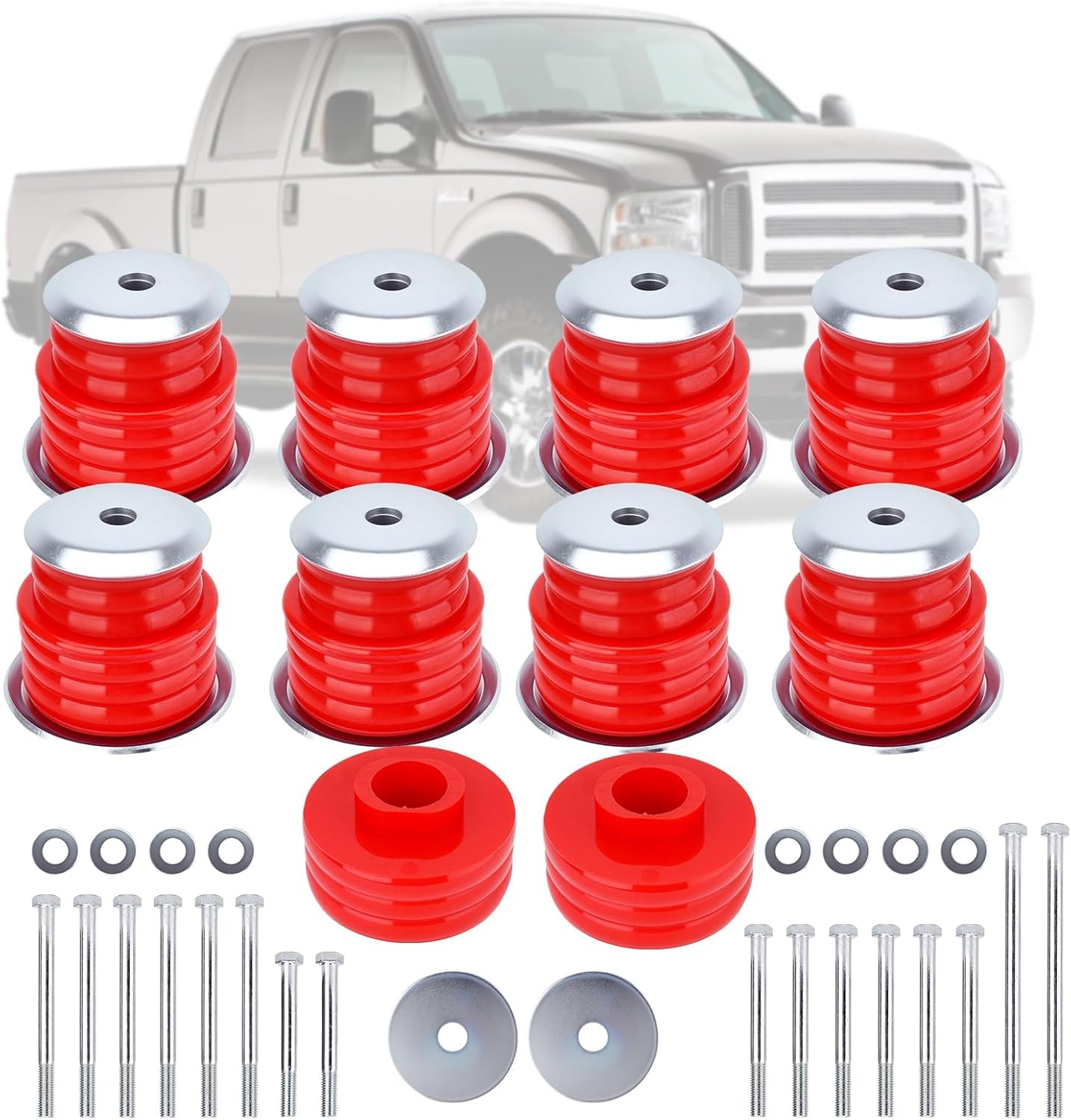 Upgraded KF04058BK Body Mount Bushing Kit Compatible with Ford F250 F350 Super Duty XL XLT Lariat King Ranch Harley-Davidson 1999-2007 2WD/4WD, Body Cab Bushing Kit, Steel Sleeves & Hardware (Red)