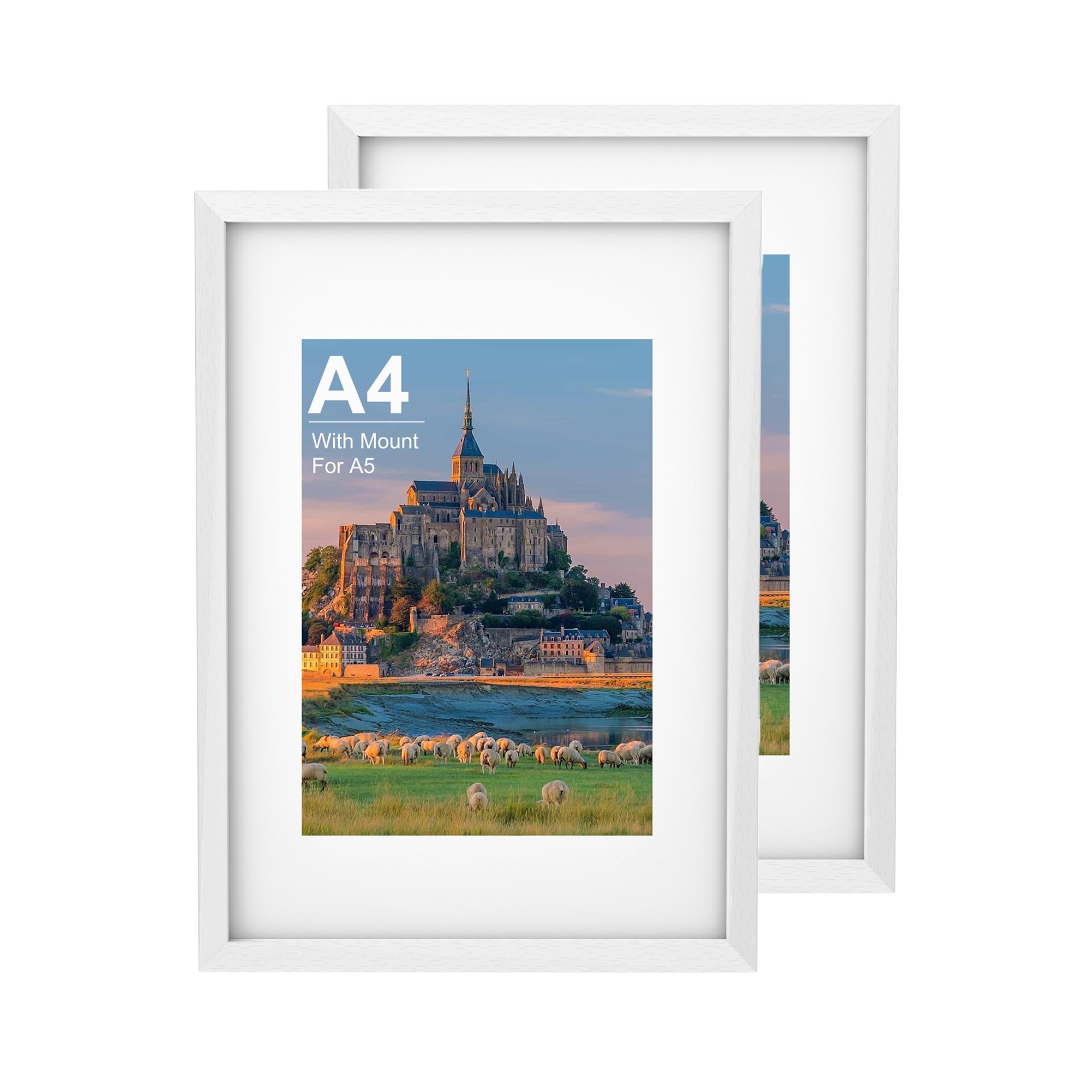 A4 Picture Frame set of 2, White Wooden A4 Photo Frame 21 x 29.7 cm with A5 Mount, Poster Frame for Certificates and Artwork, Wall Mount Horizontal or Vertical