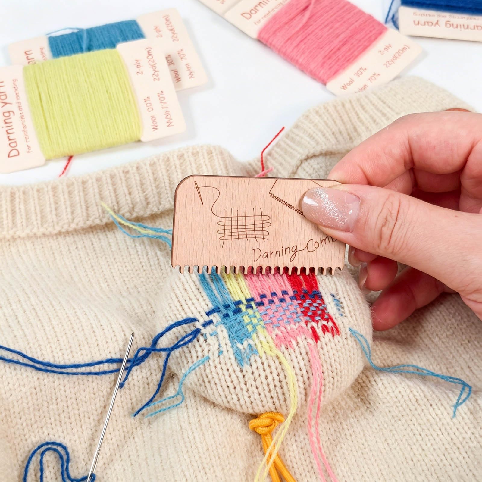 Stopfgarn aus Wolle in 48 Farben für die Reparatur von Kleidung, 30 Prozent Wollmischung mit Nylon für Weichheit und Haltbarkeit, Nähgarn für Pullover und Socken, Mischgarn Nähen