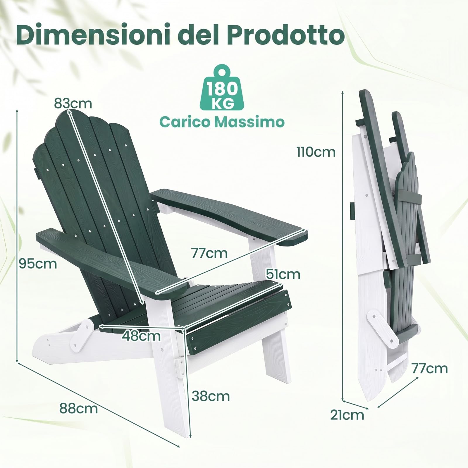 COSTWAY Sedia Adirondack Pieghevole da Giardino, Sedia da Patio in HIPS con Braccioli Larghi e Schienale Inclinato, Poltrona in Legno, per Giardino Cortile, Portata 180 kg (1, Verde+Bianco)