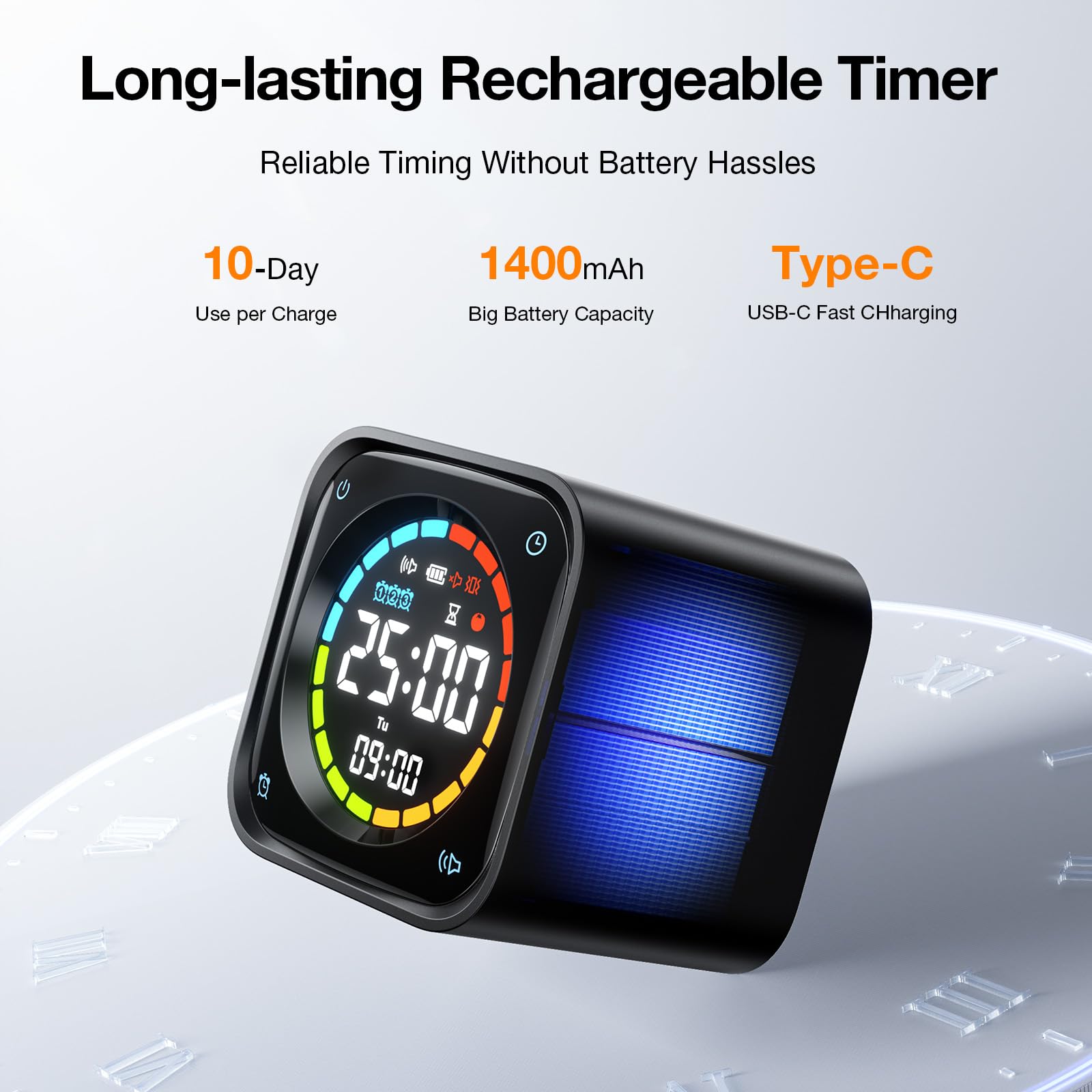 Ticktime TK3 Temporizador Pomodoro con Presets 5/10/30/60 Min, Cuenta Regresiva, Cronómetro y Reloj LED, 3 Alarma, Vibración/Silencio/Sonido, Recargable, para TDAH Oficina Estudios Tareas, Negro