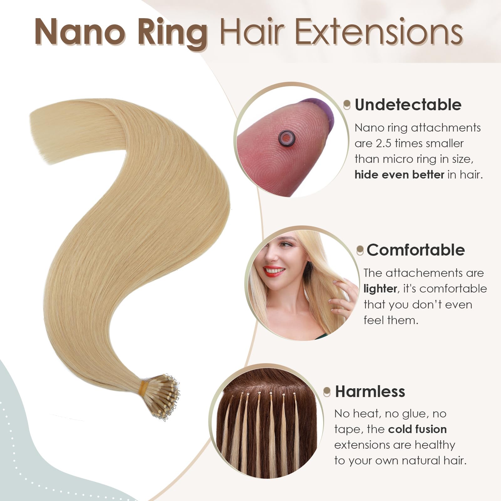 Elailite Blonde Hair Extensions Real Human Hair Nano Ring Beads Cold Fusion 50 Strands 50g Straight (#613 Bleach Blonde, 14 Inch) - Image 2