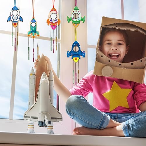 Miniatura 5 de Paquete de 12 carillones de viento para niños, haz tus propios cohetes, campanillas de viento, manualidades, manualidades de madera para niñas,