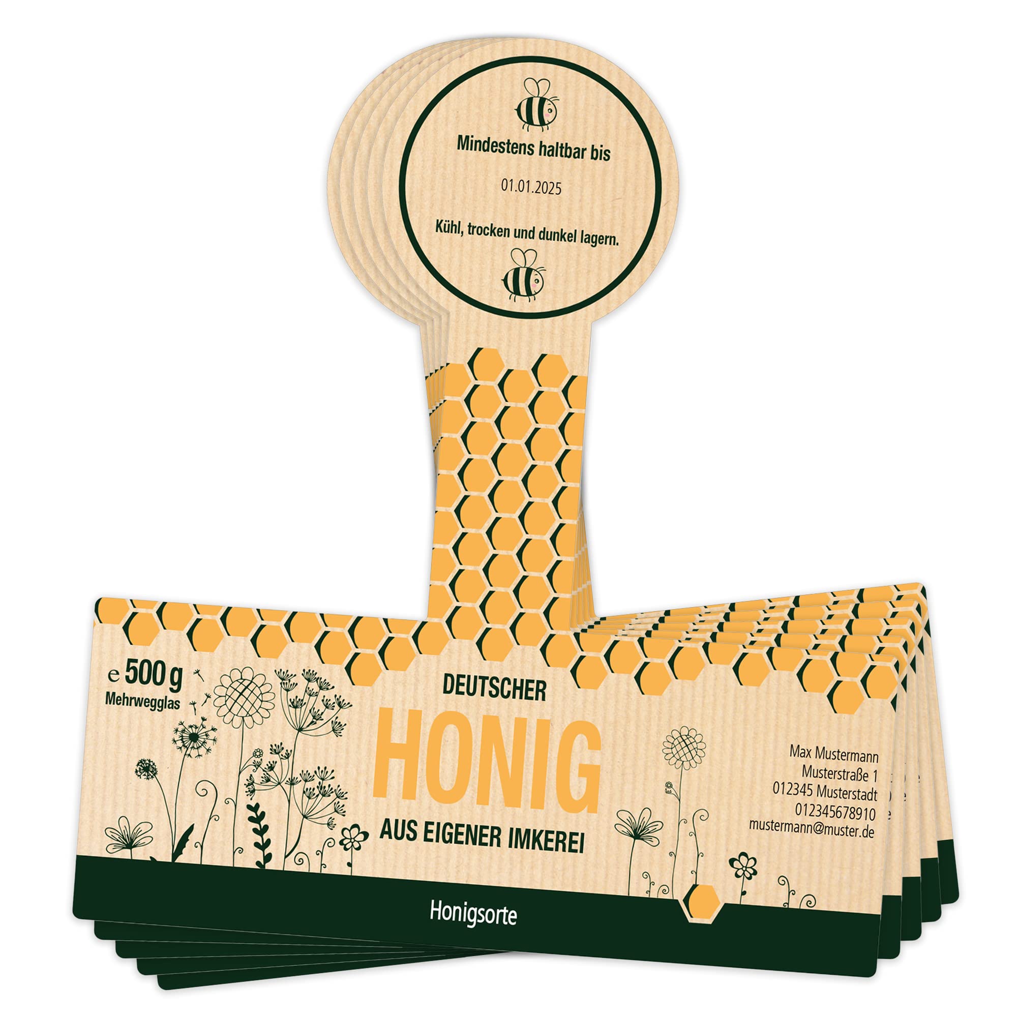 Apoidea – Honig Etiketten 500g mit Gewährverschluss selbstklebend & personalisierbar - 100 Stück/Etiketten Honiggläser/Honig Aufkleber für selbstgemachten Honig/Honigetiketten für Honiggläser