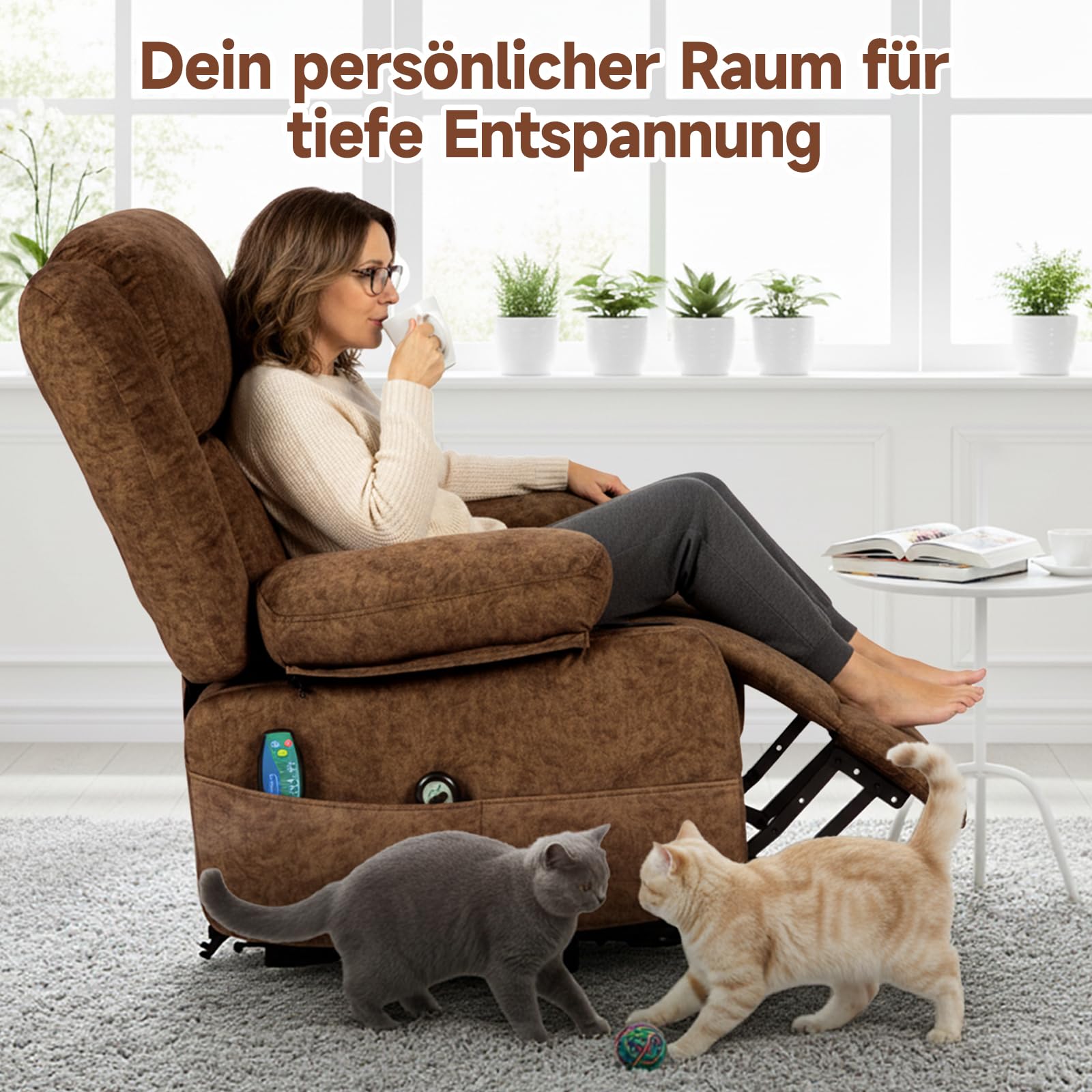 HAUSPROFI Fernsehsessel mit Aufstehhilfe Elektrisch,Massagesessel mit Wärmefunktion,Relaxsessel mit Liegefunktion,Samt Sessel Wohnzimmer mit Ablagefach, 2 Getränkehalter & 6 Seitentaschen