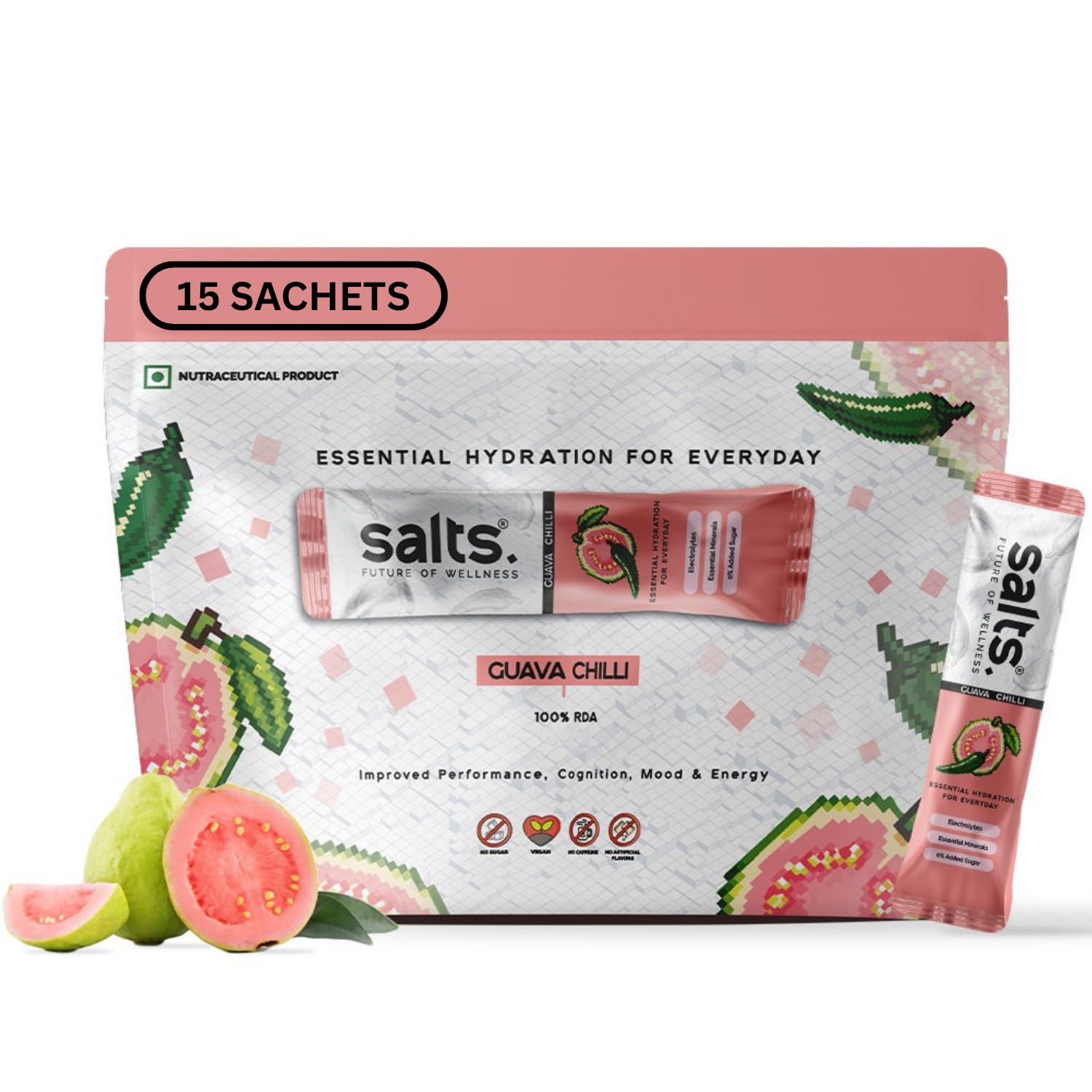 Salts Electrolyte Powder, 15 Sachet with Zero Sugar, Electrolytes Hydration Mix Drink for Summer Heat, Workout Recovery and Travel, Keto and Vegan Friendly, (Guava Chilli)-picture-23