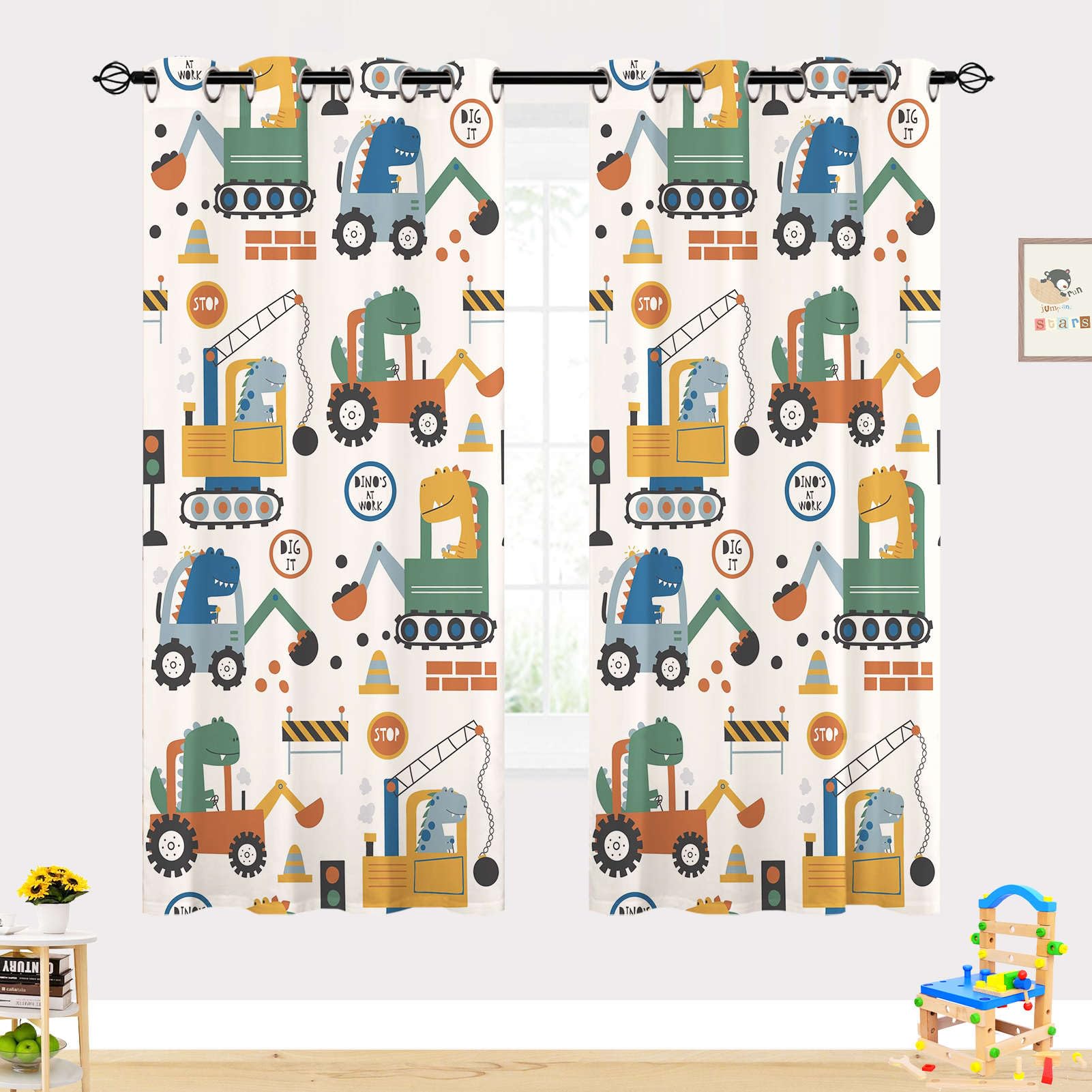 Truck Vorhänge Kinder Dinosaurier Gabelstapler Kran Ösen Gardinen mit Blickdichte Vorhang Kälteschutz Blackout Curtain Kinderzimmer Schlafzimmer Verdunkelung Fenster, 2 Stück, H 175 x B 140 cm