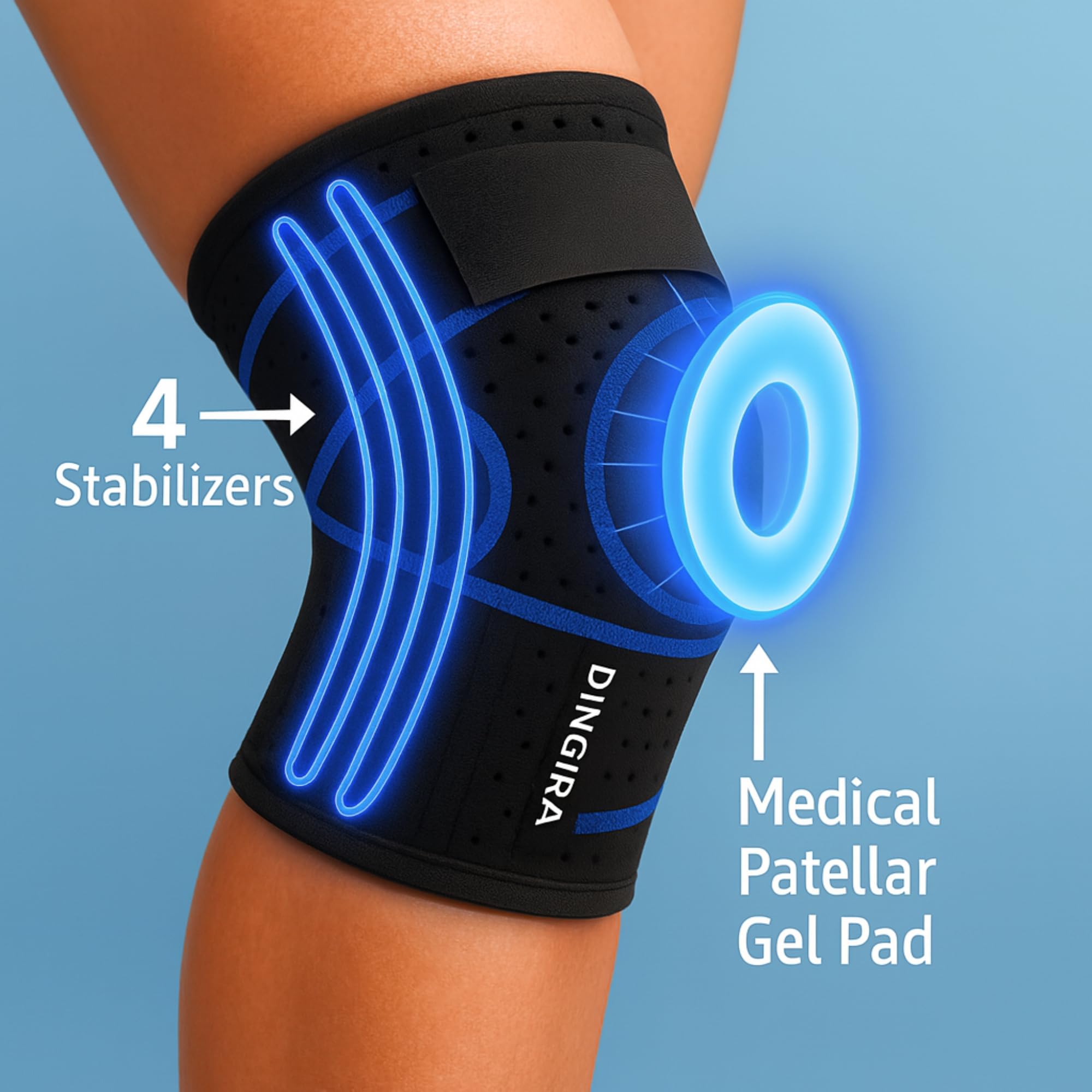 DINGIRA Ginocchiere per uomo e donna, ginocchiera ortopedica traspirante, ginocchiera regolabile, ginocchiera per dolore al ginocchio, artrite e sollievo dal dolore articolare (blu, L