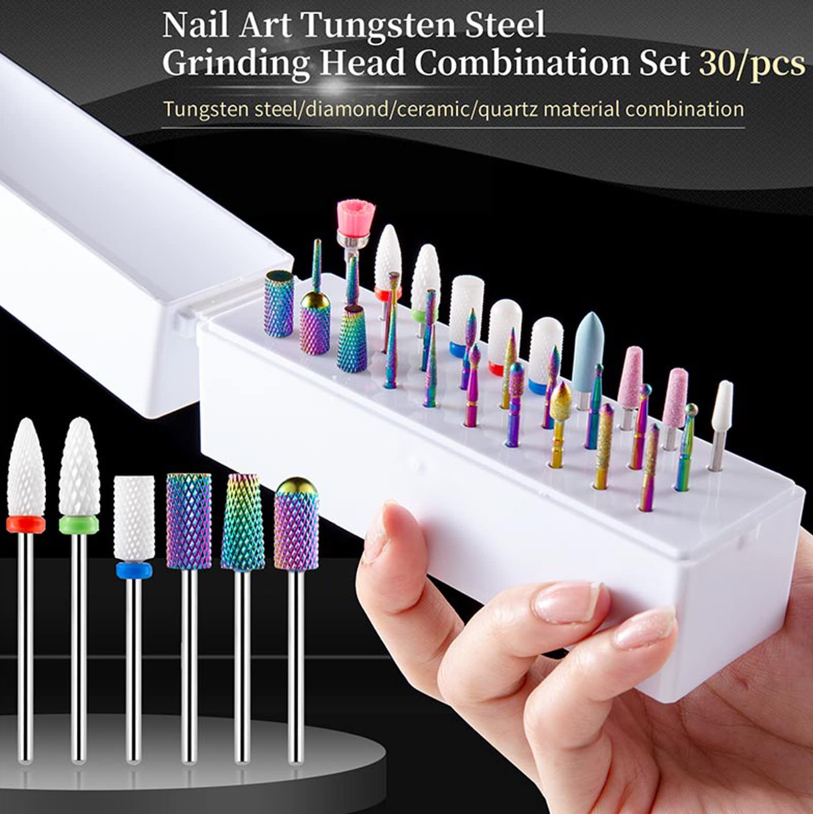 30 Punte per Trapano per Unghie, Punte per Trapano per Lime per Unghie in carburo rotanti elettriche, 3/32 Pollici con Scatola di immagazzinaggio, per Unghie in Gel Acrilico, Pedicure per Manicure, s