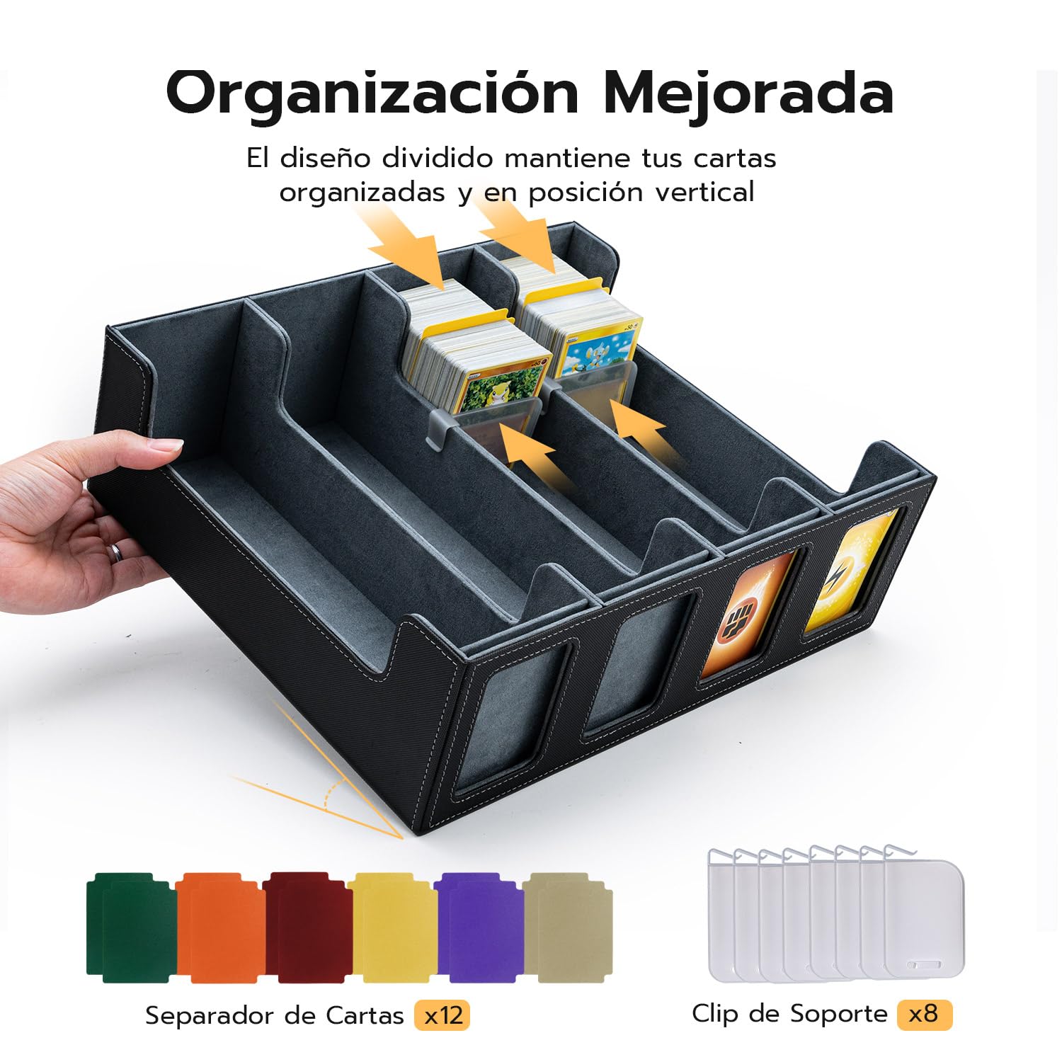 Caja de Cartas para MTG, 4 filas Deck Box para más de 3200 tarjetas, caja de solapa magnética con cuero PU para tarjetas Magic Commander TCG con 12 separadores multicolores y 8 clips Negro