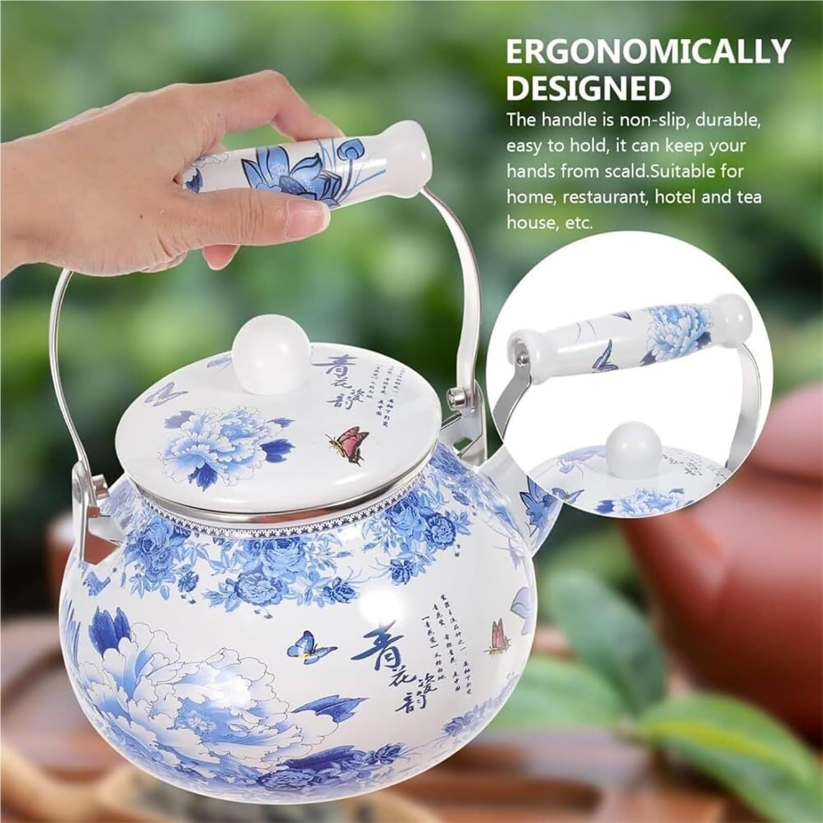 Elegant Blue and White Floral Enamel Teapot - 2.5L Stovetop Kettle Compatible with All Stove Types