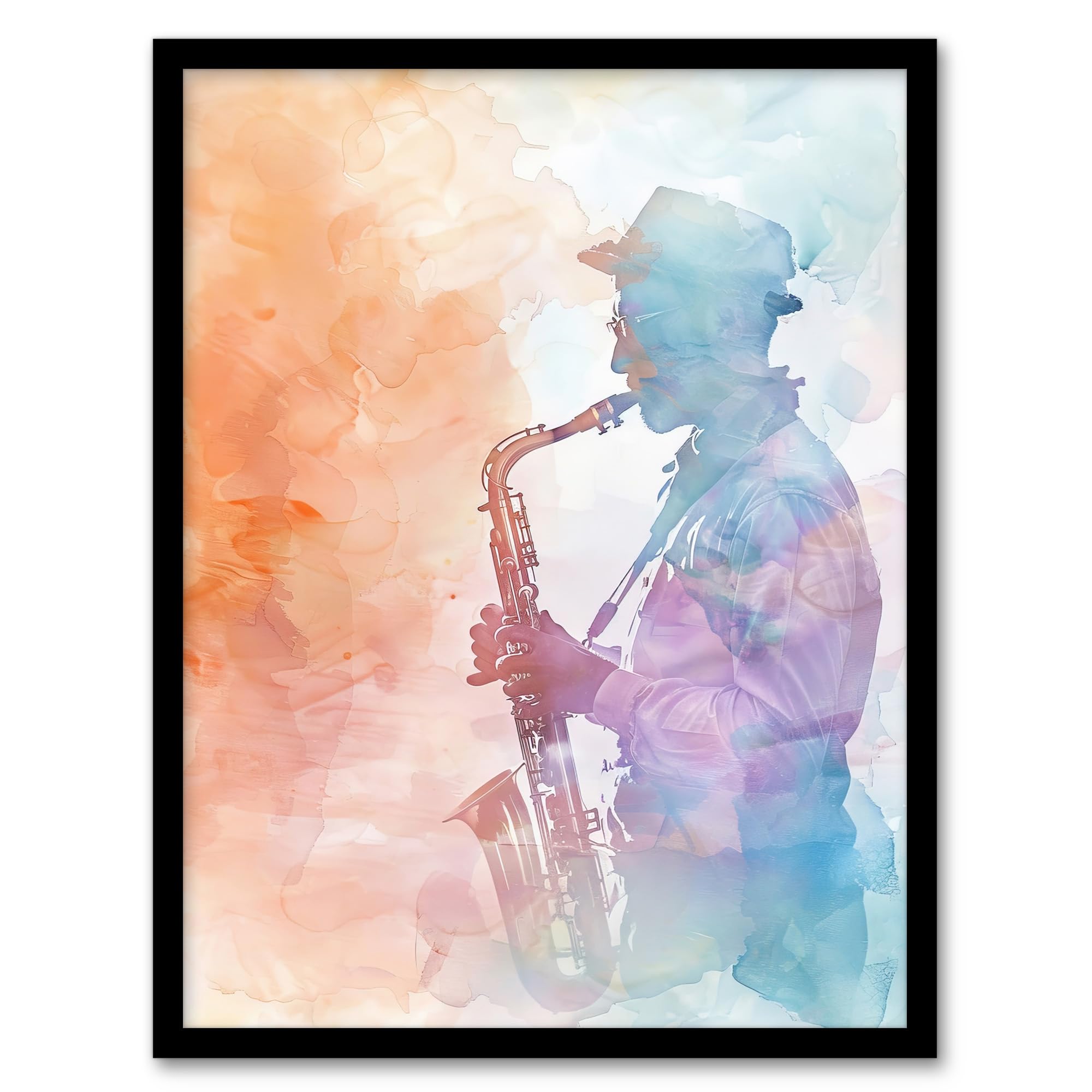 Artery8 Jazz Saxophonist Rainbow Smoke Light Watercolour Living Room Artwork Framed Wall Art Print 18X24 Inch
