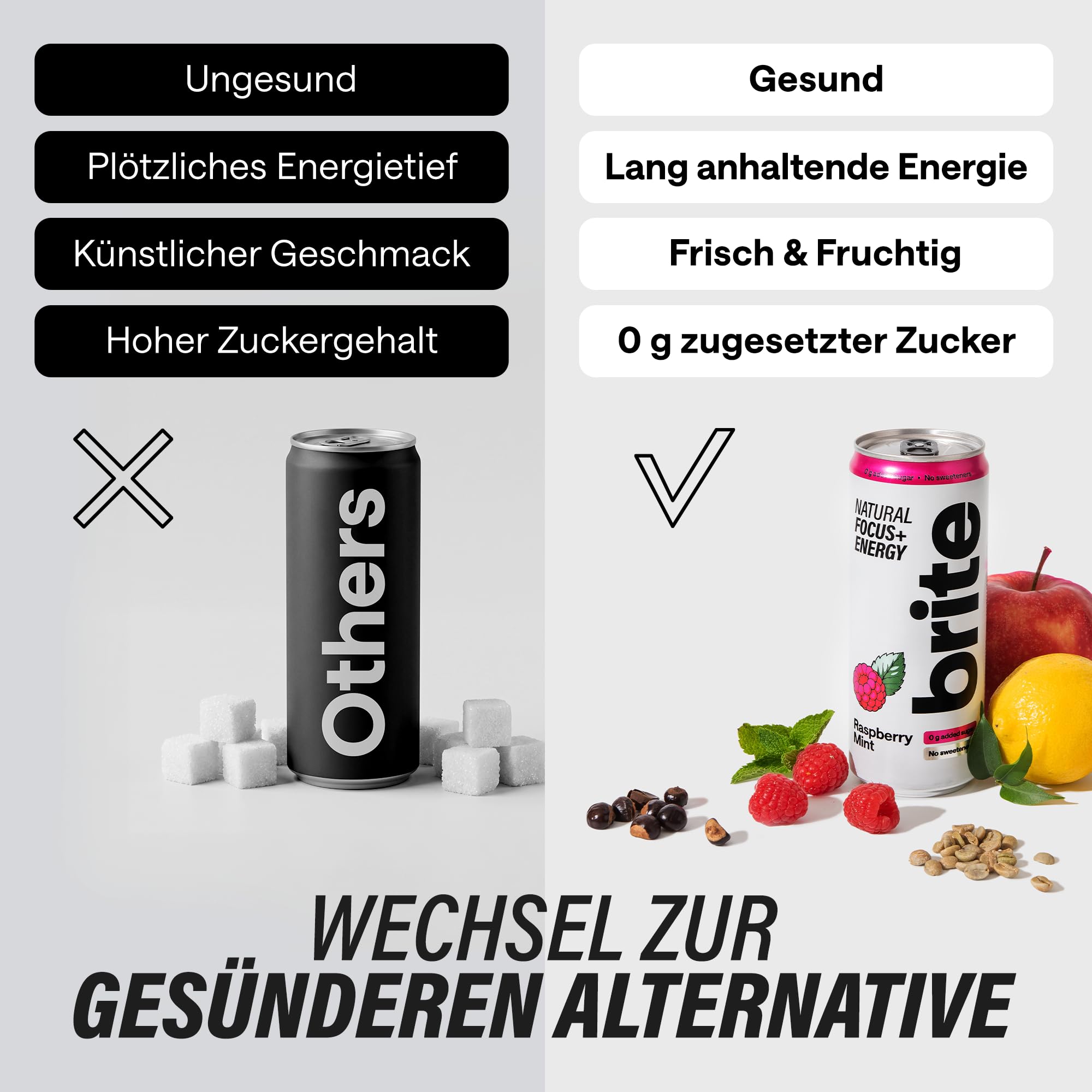 Brite Natural Focus. Energy-Drink & Kaffee-Alternative für mehr Produktivität. Pflanzlich, wissenschaftlich fundiert durch Neurowissenschaften. Kalorienarm, vegan, glutenfrei. Himbeere-Minze, 12 x 330