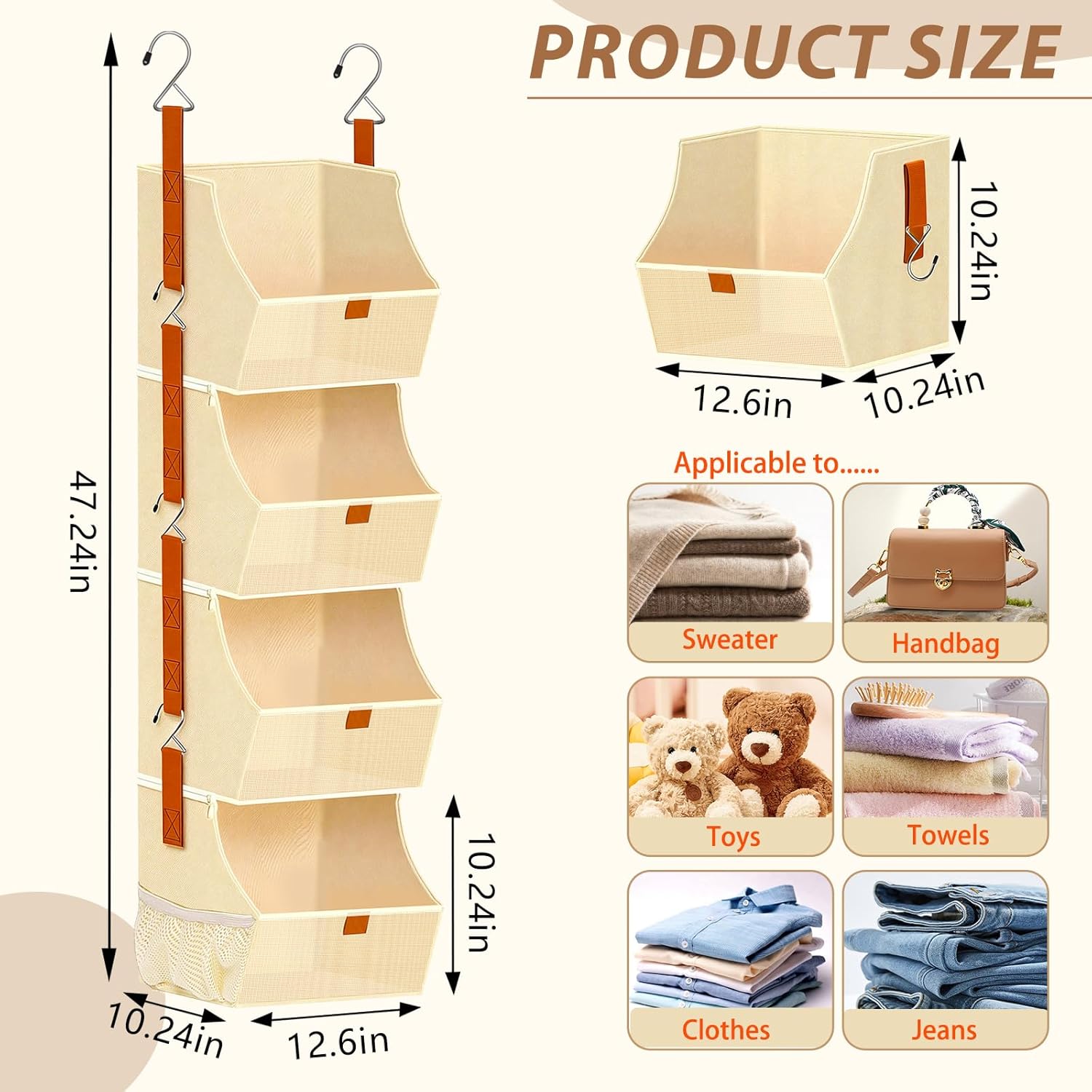 Fabric 4 Tier Hanging Closet Organizer Heavy Duty Beige Shelf Hanging Storage Towel Clothes Sweater Jeans Bag Organizer For Closet For Bedroom, Dorm, RV, See Through Front Panel, Space-Saving