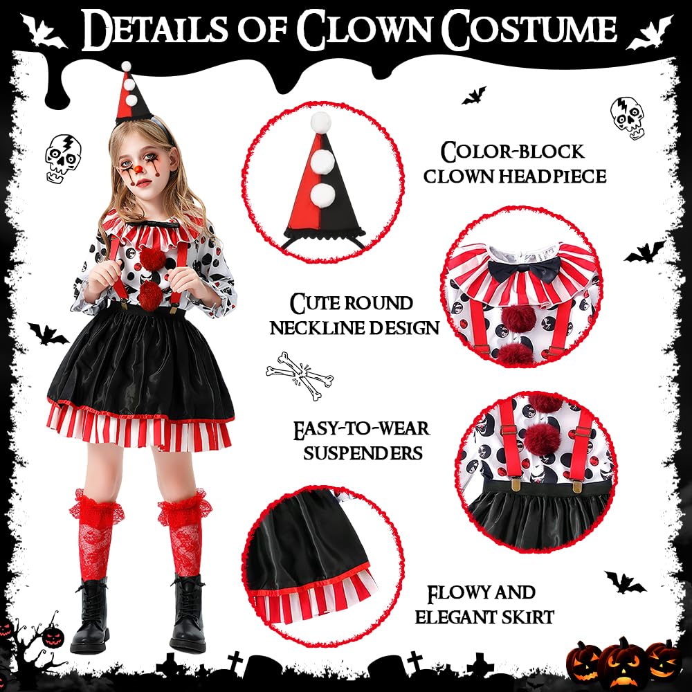 Costume da Clown per Bambina, Halloween Costume Outfit con Cappello