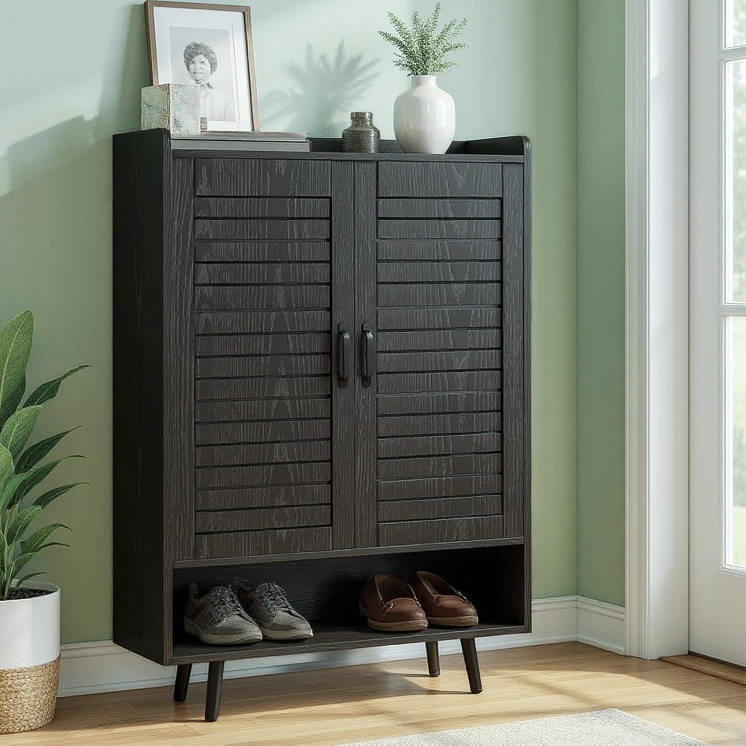 Shoe Cabinet with Doors, 7-Tier Shoe Cabinet Storage for Entryway with Adjustable Shelves, Wooden 46'' Tall Shoe Rack Organizer Cabinet for Front Door, Hallway Closet, Living Room - Black