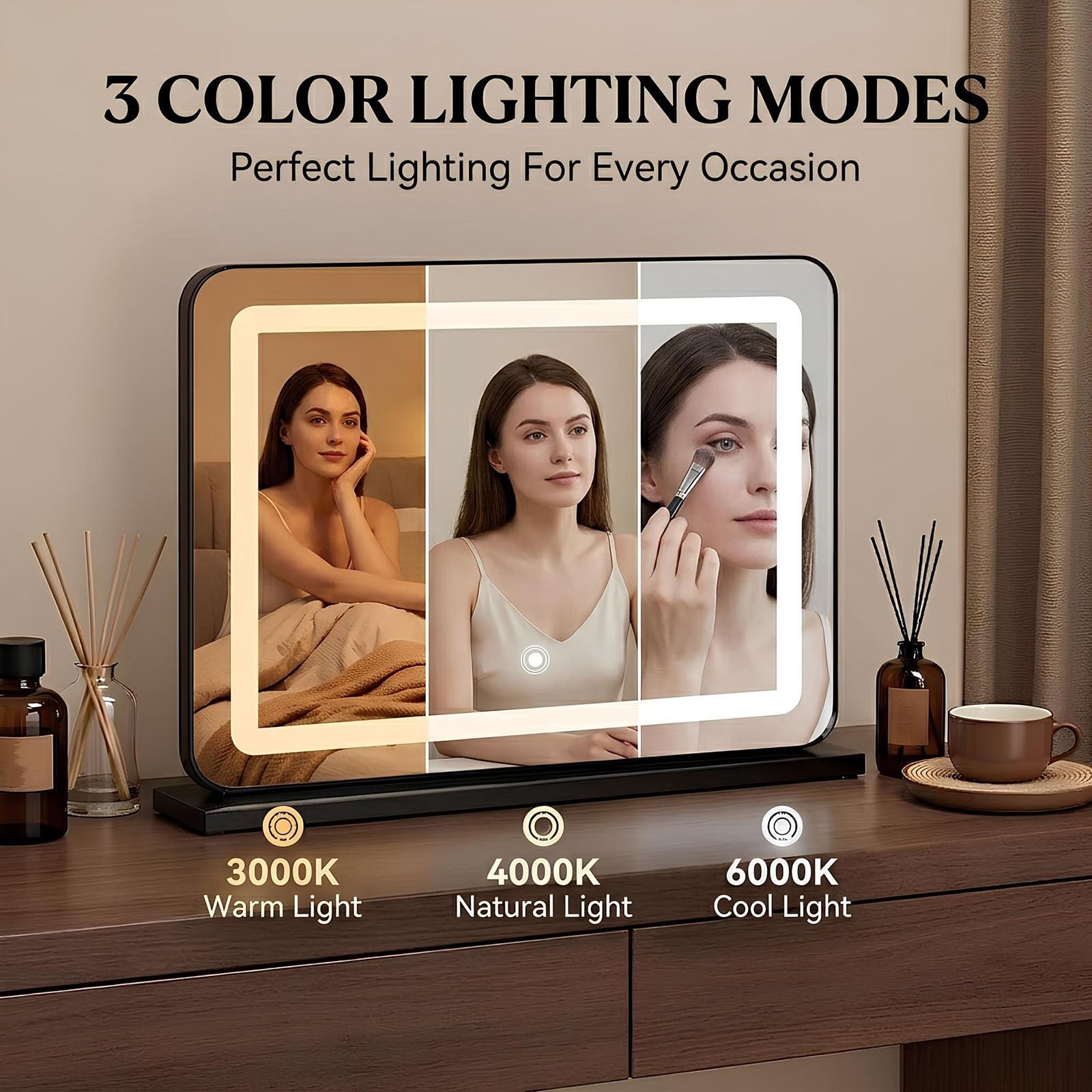 Specchio da Trucco LED con Controllo Touch, 3 Modalità di Luce & Luminosità Regolabile, Specchio HD per Toeletta, Specchio da Tavolo(Bianco)